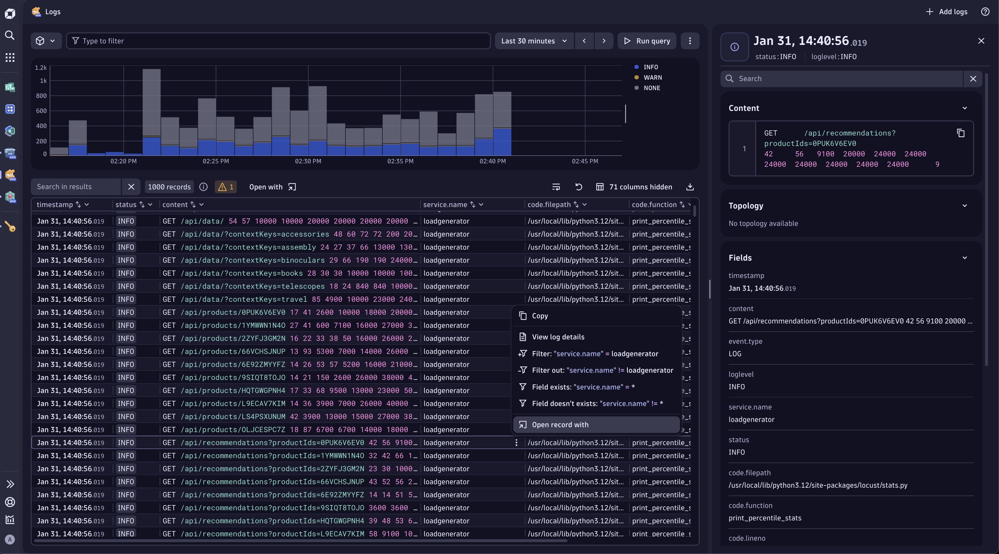 View your logs, including logs related to the distributed traces, in the Logs app in Dynatrace