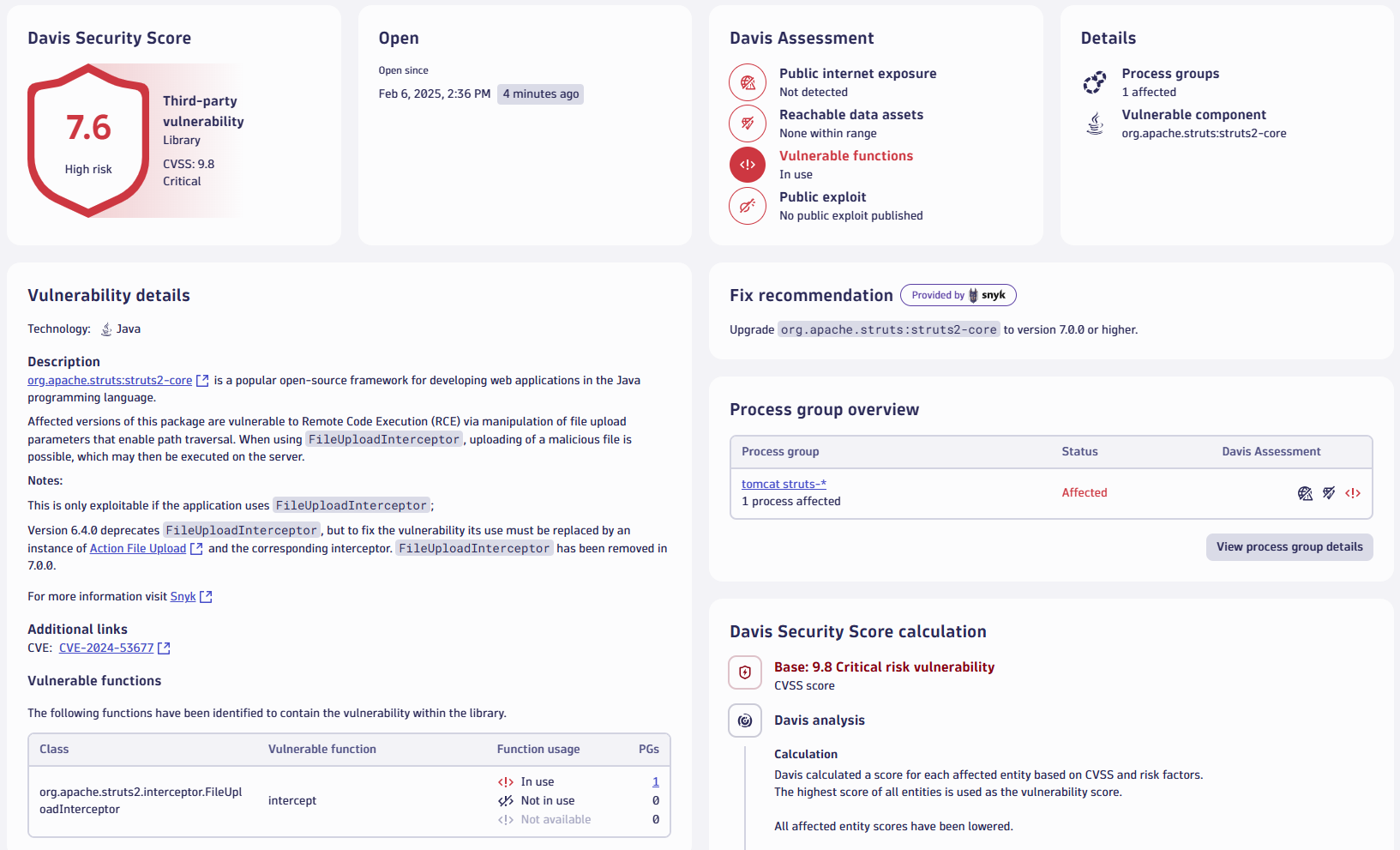 Dynatrace Vulnerabilities App showing the vulnerable FileUploadInterceptor actively in use.