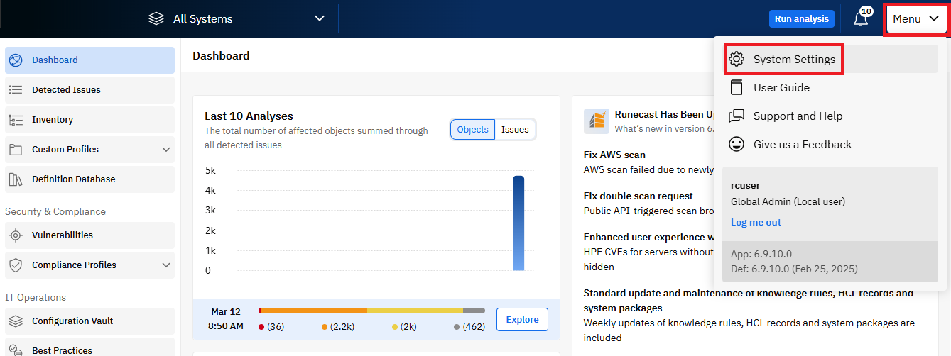 Screenshot that shows how to navigate to the Dynatrace system settings