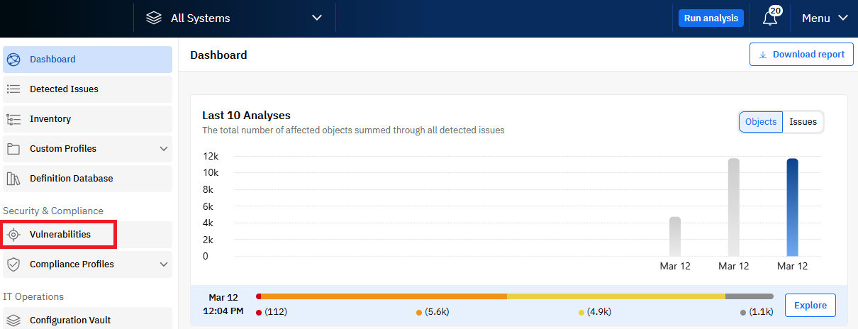 Click Vulnerabilities in the left nav: One step in using security and performance data to find VMSA-2025-0004-related vulnerabilities. 