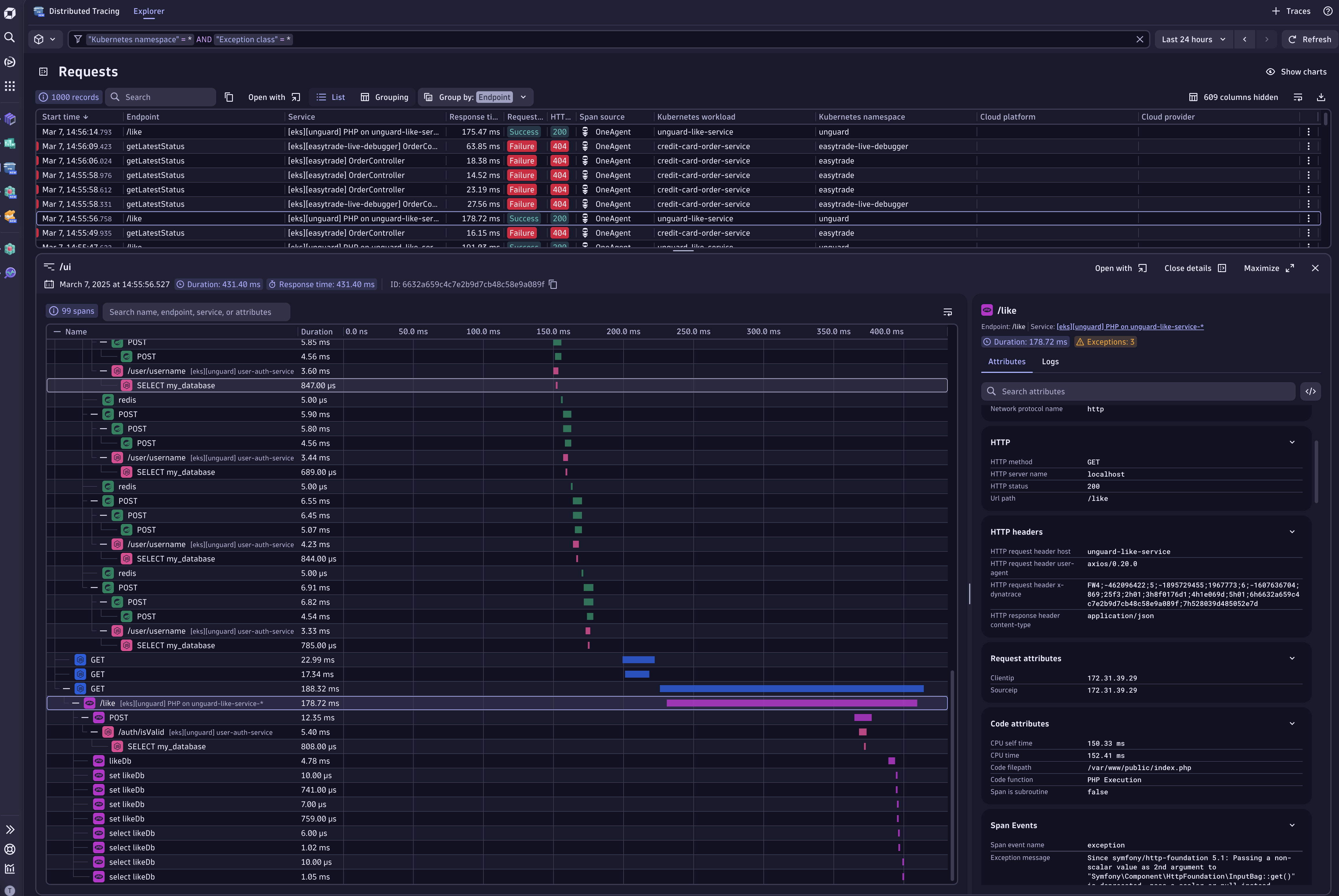 Figure 1. Explore every detail of your traces with in-depth exception analysis, providing easy access to exception details with full trace context.