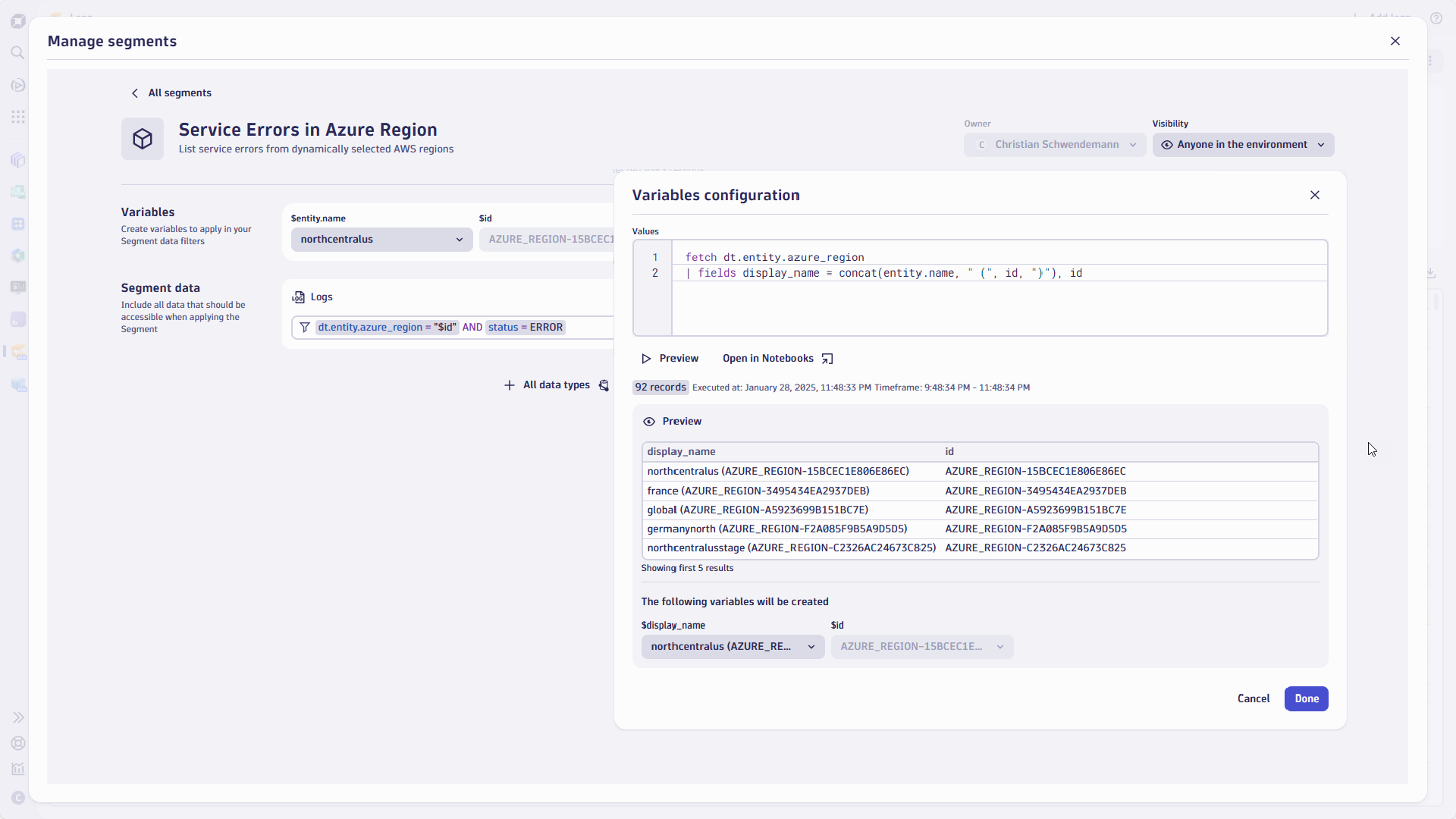 Figure 2. While creating a segment, you can add variables, defining how they're filled and matched.