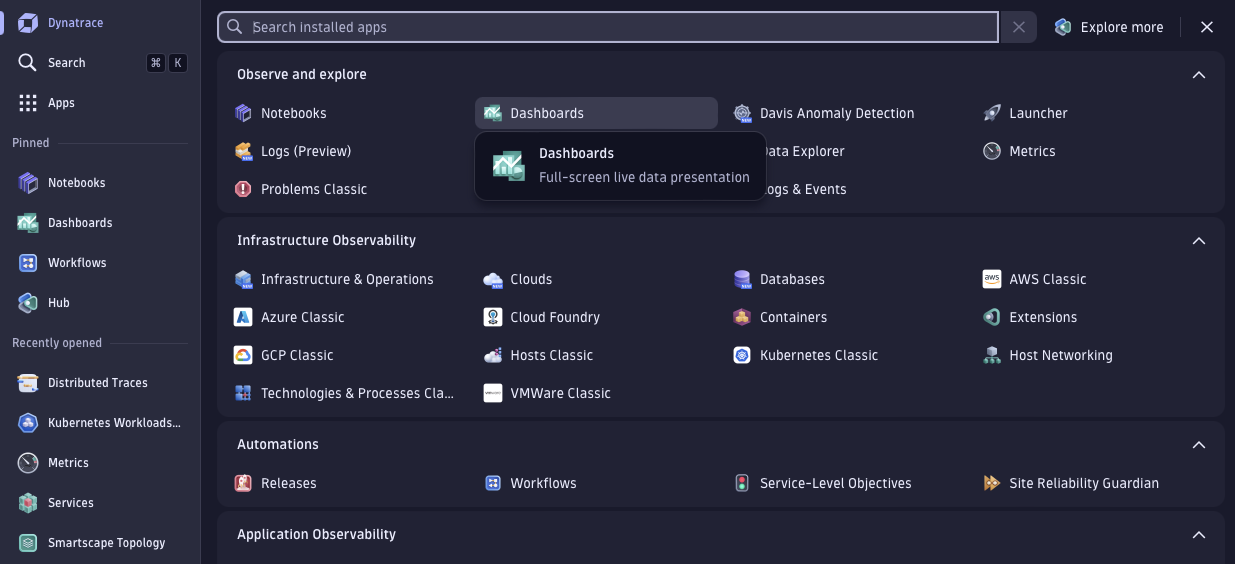Main Dynatrace tenant screen showing the Dashboards app link in the center