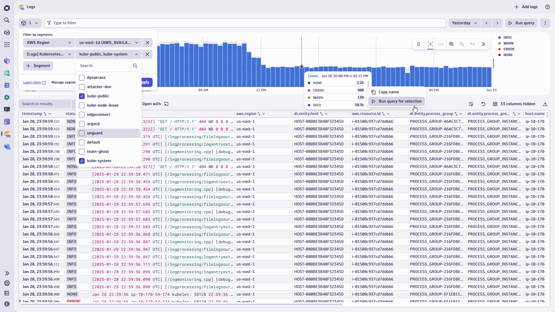 Figure 3. Two segments are selected to narrow the scope to show only specific Kubernetes nodes within a certain AWS region.
