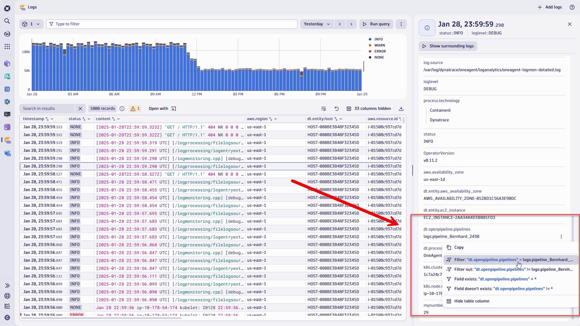 Figure 4. You can add filters using the filter bar, or add expressions automatically by selecting a log entry.