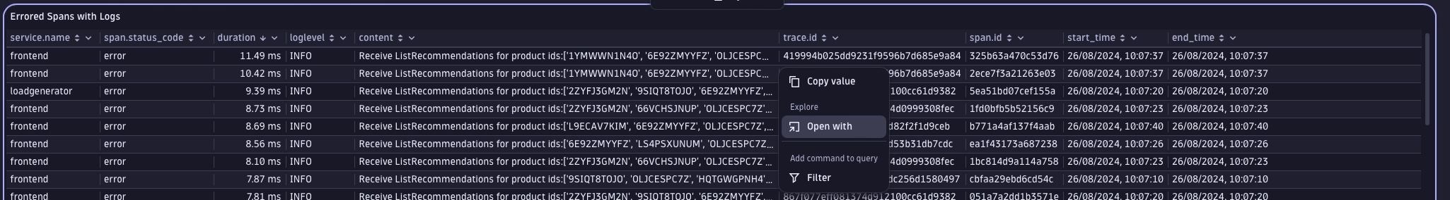 Errored spans with logs table from the OpenTelemetry demo app
