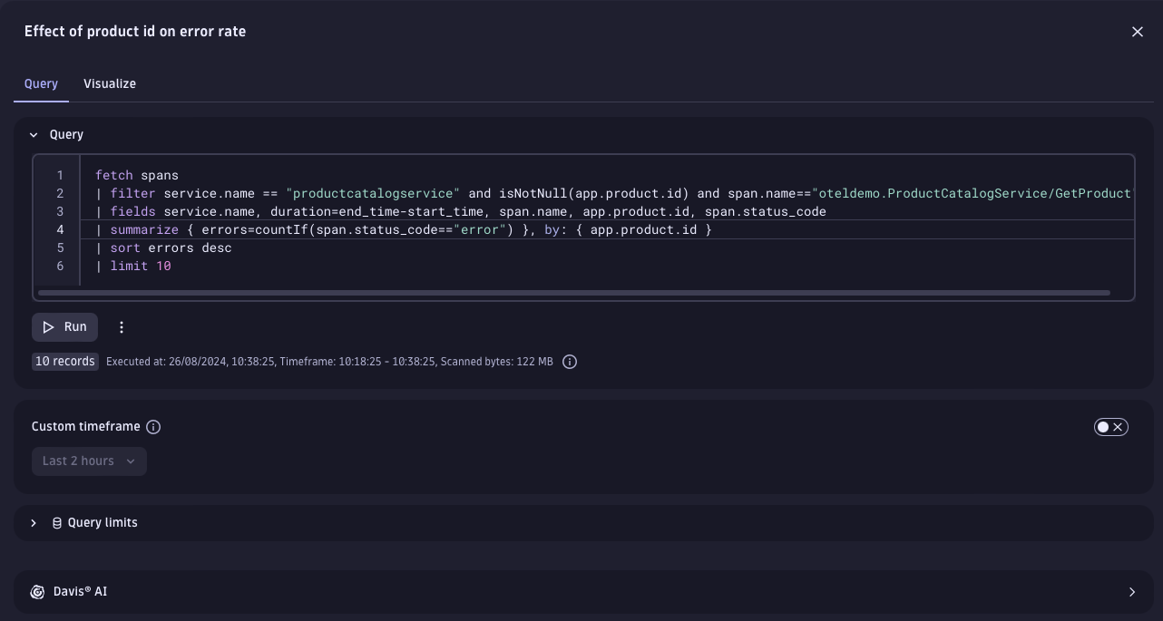 DQL query investigating spans from the suspected product ID. 
