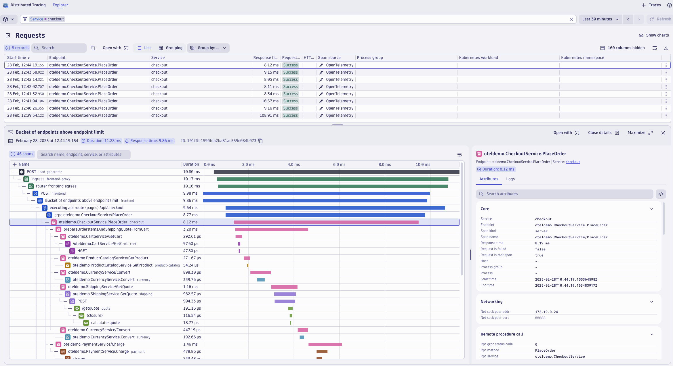 Exploring spans of a particular trace from the Astronomy Shop demo in the Dynatrace Distributed Tracing app