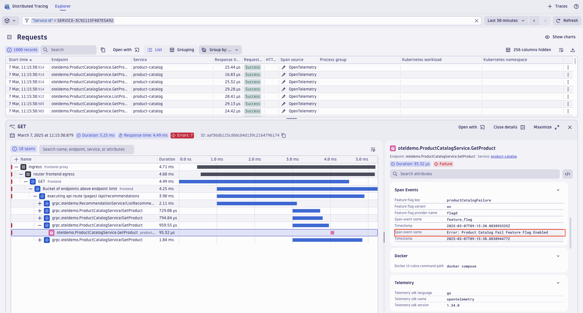 Dynatrace Distributed Tracing app screen showing the root causes of a failed GetProduct request from the OpenTelemetry demo app