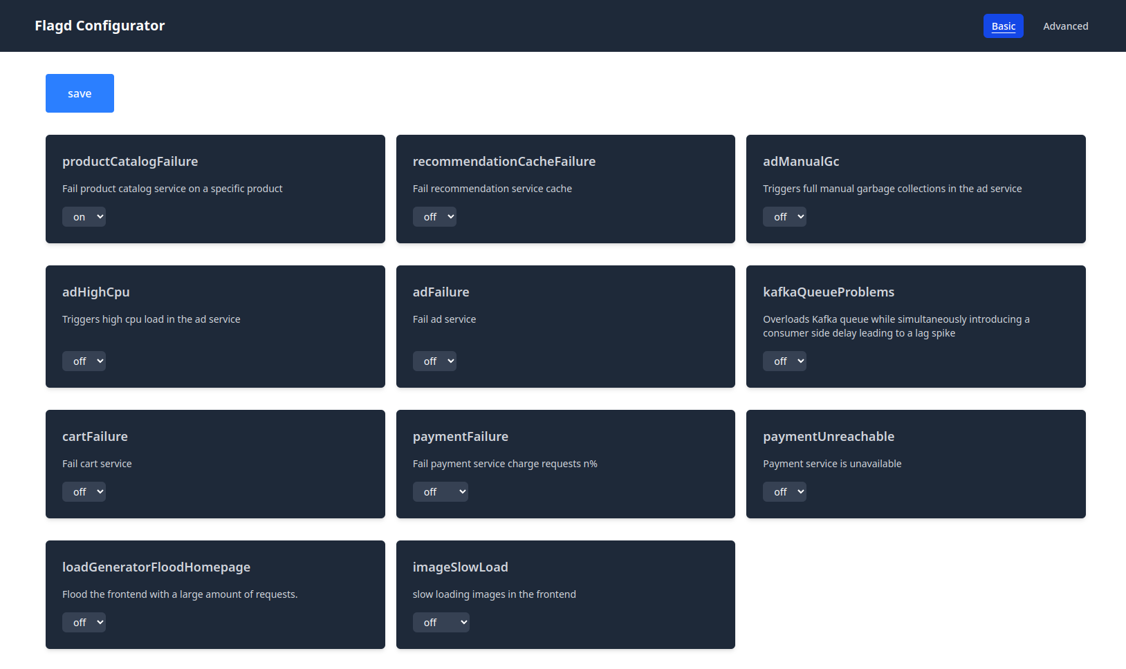 Feature flag tiles from the OpenTelemetry Astronomy Shop demo application