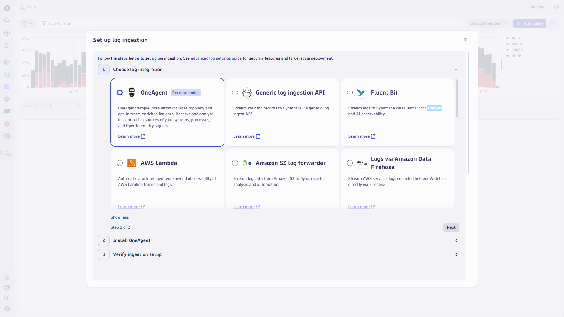 The log ingestion wizard, offering support for all log ingestion methods available in Dynatrace Hub