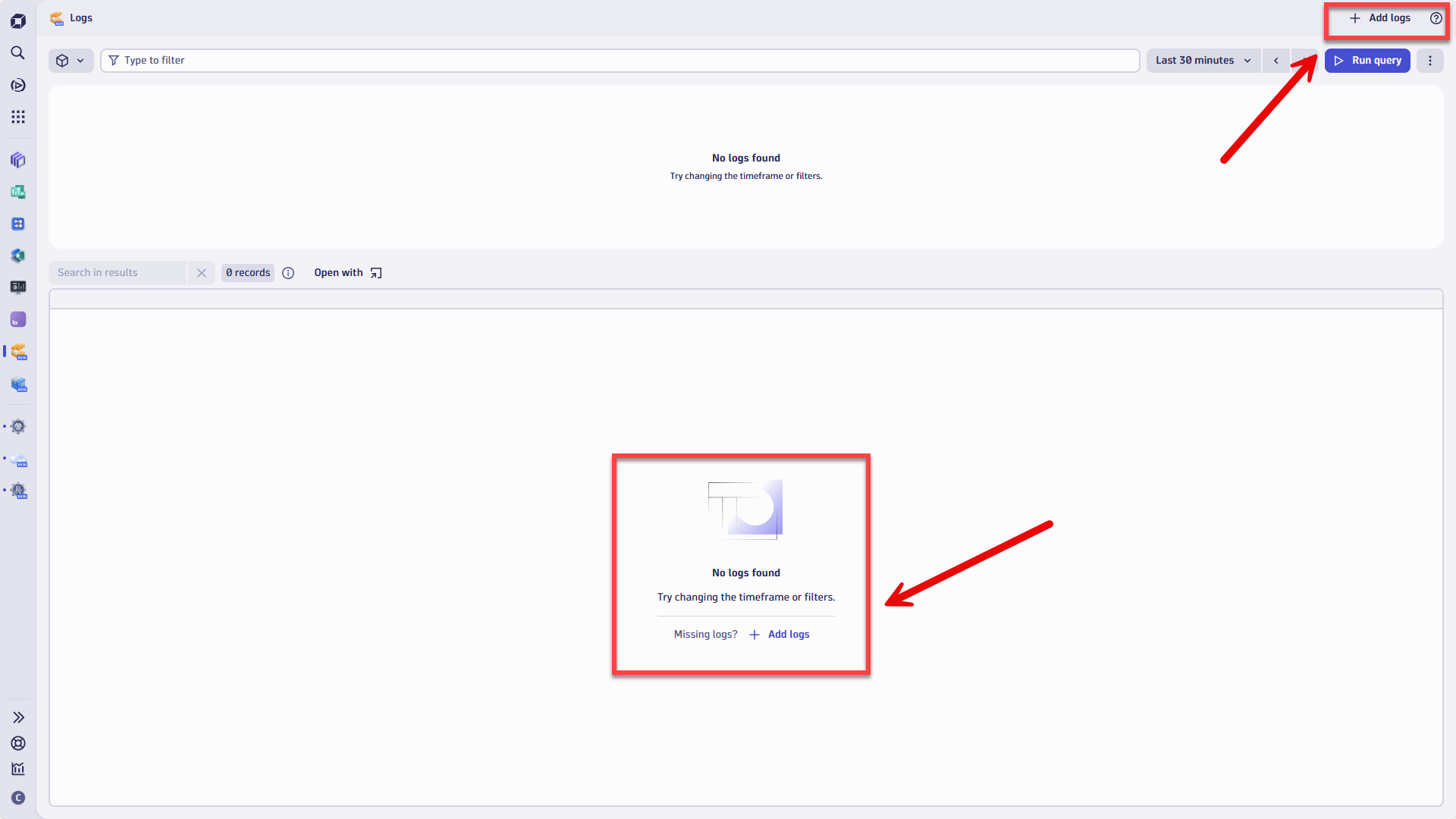 All Dynatrace Apps that support log analysis display an Add logs button, where you can configure log ingestion. You can add additional logs at any time. 