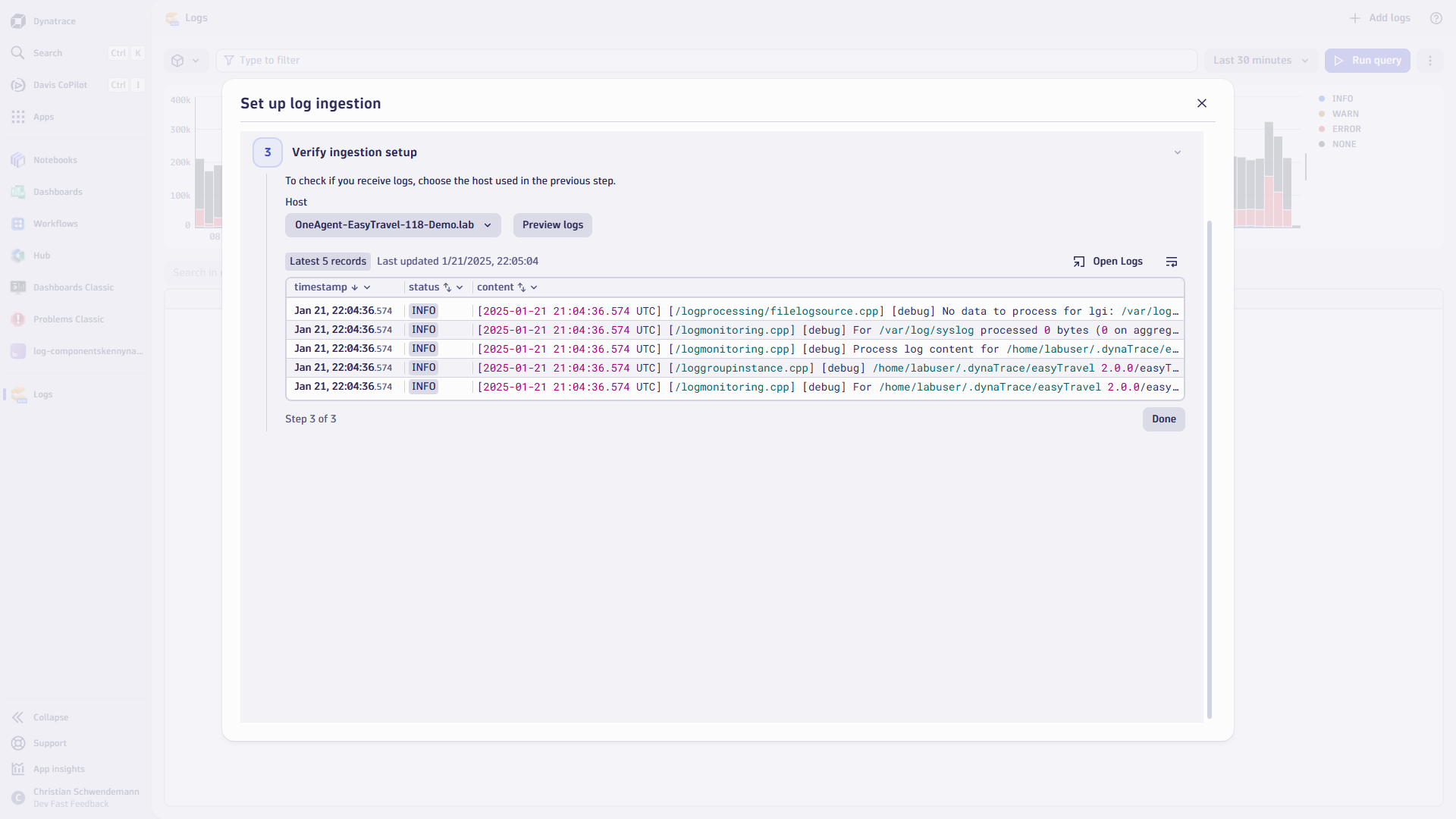 The Verify ingestion setup step completes the log ingestion process.