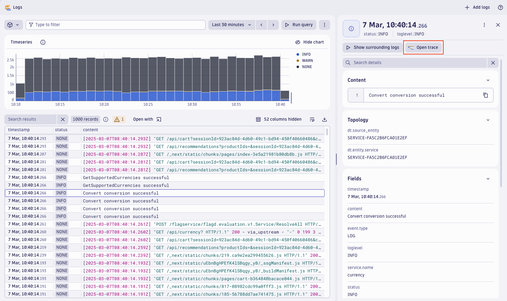 Bar chart of the log-trace correlation in an active span from the Astronomy Shop demo app in Dynatrace