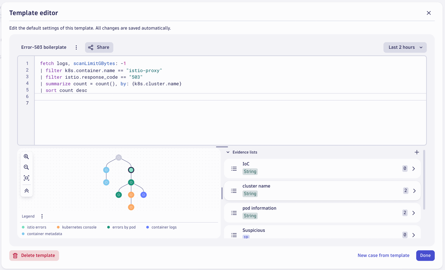 Security Investigator Template editor in Dynatrace screenshot