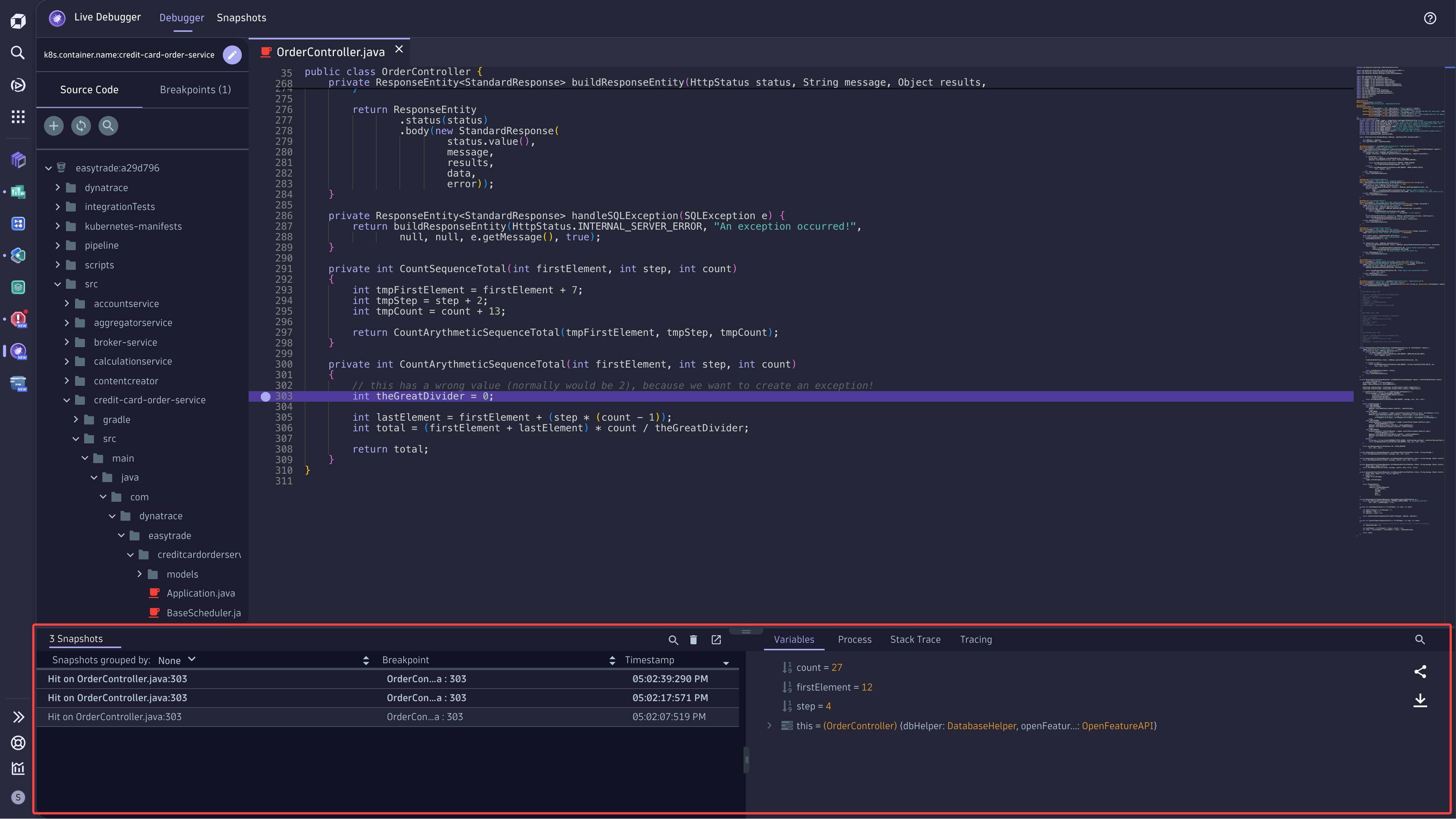 Figure 1. Live snapshot includes variables, process, stack trace, and tracing information.
