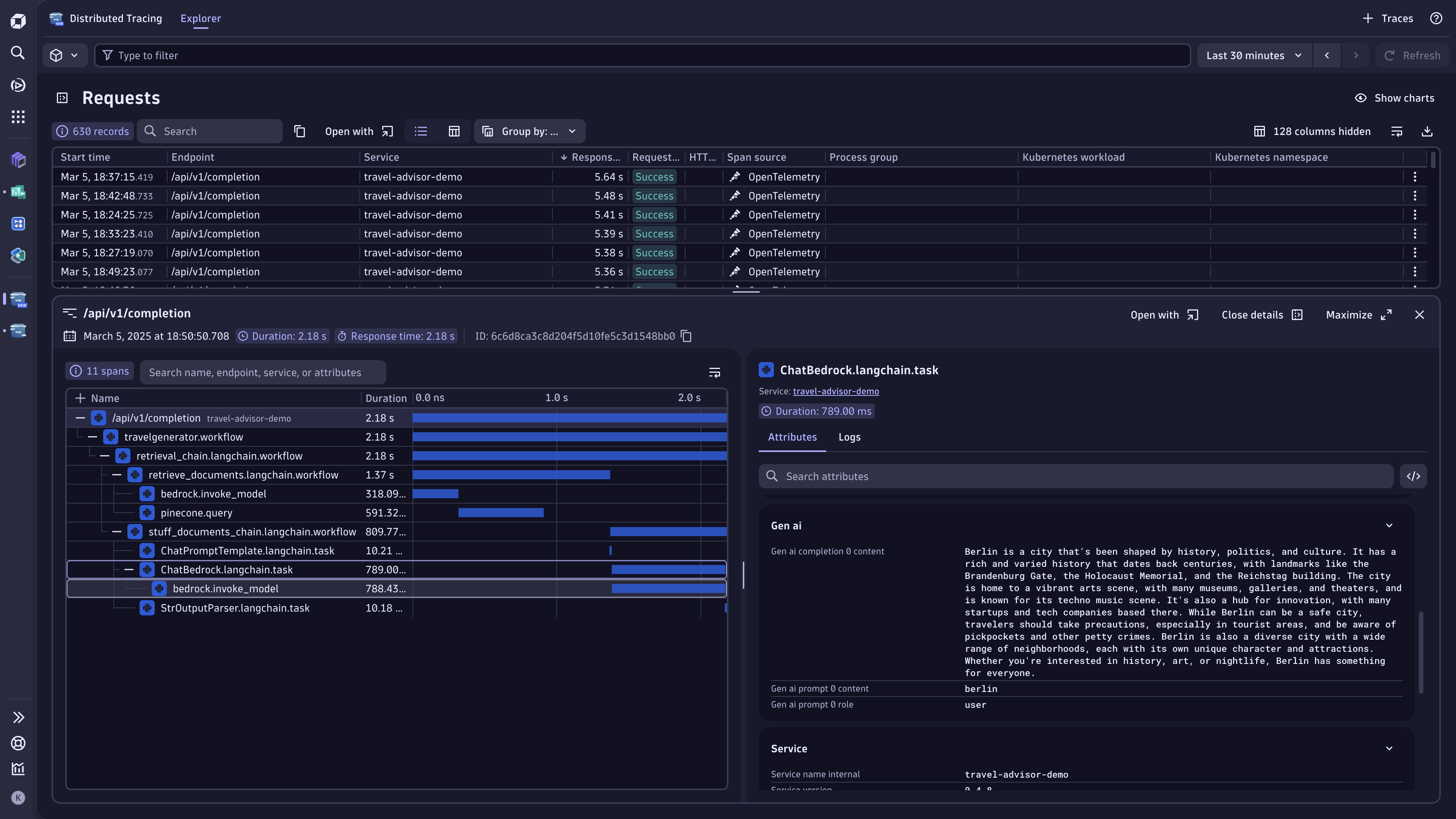 Distributed Tracing overview of an Amazon Bedrock request with LangChain