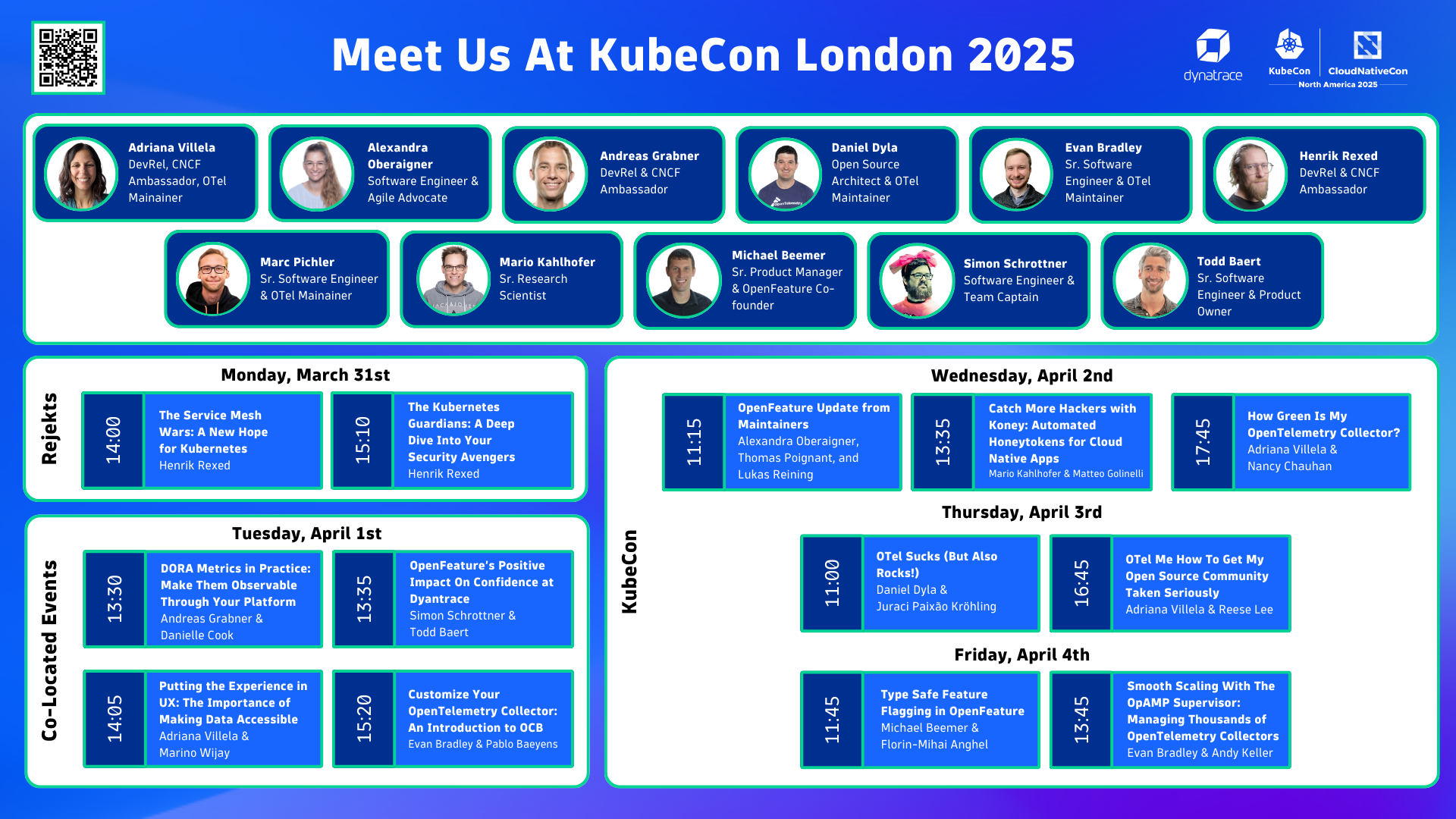 KubeCon EU 2025 Dynatrace speakers list showing 13 separate talks scheduled across three days