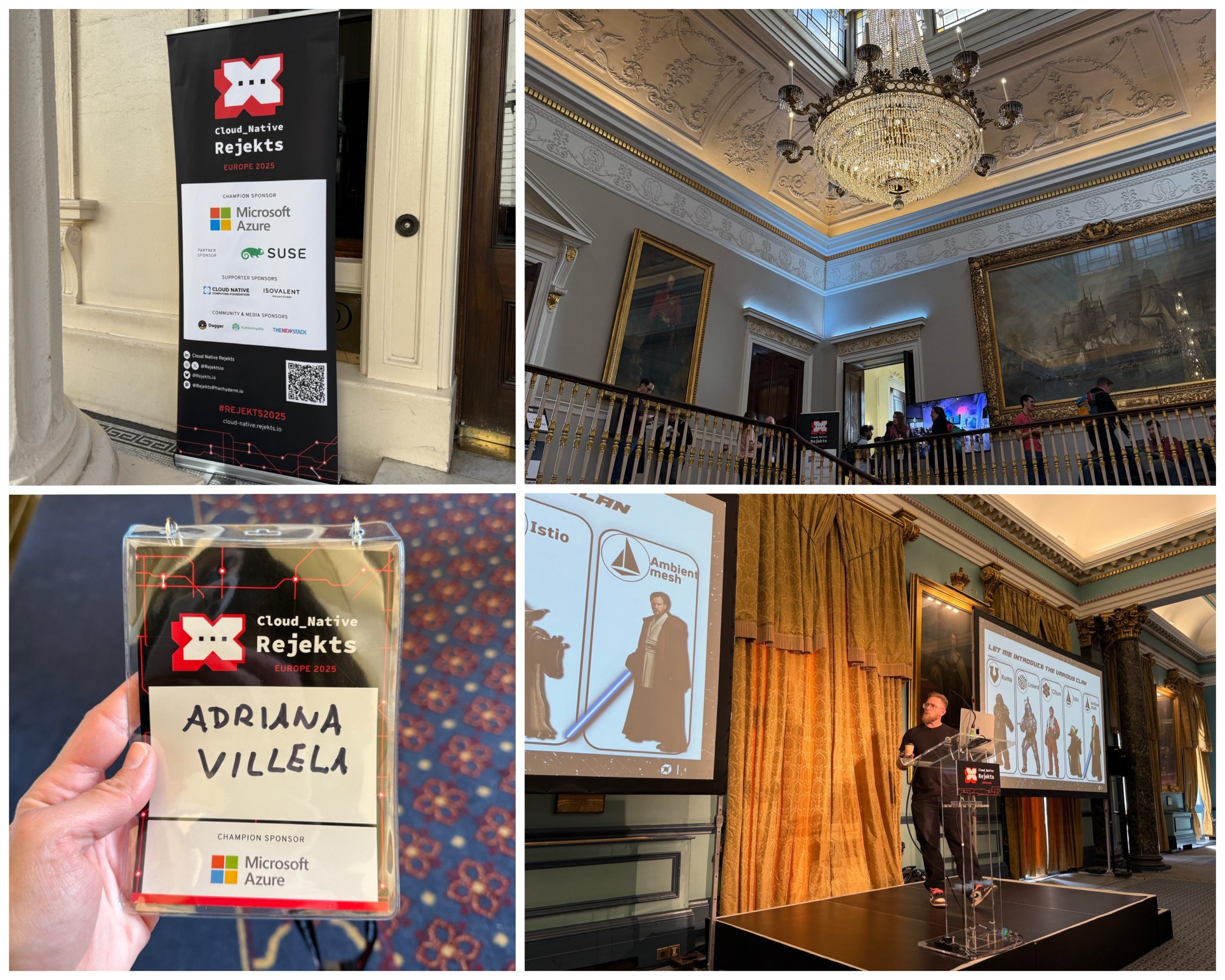 Photo collage of the Cloud Native Rejekts conference and the grand museum-like interior of the conference venue.