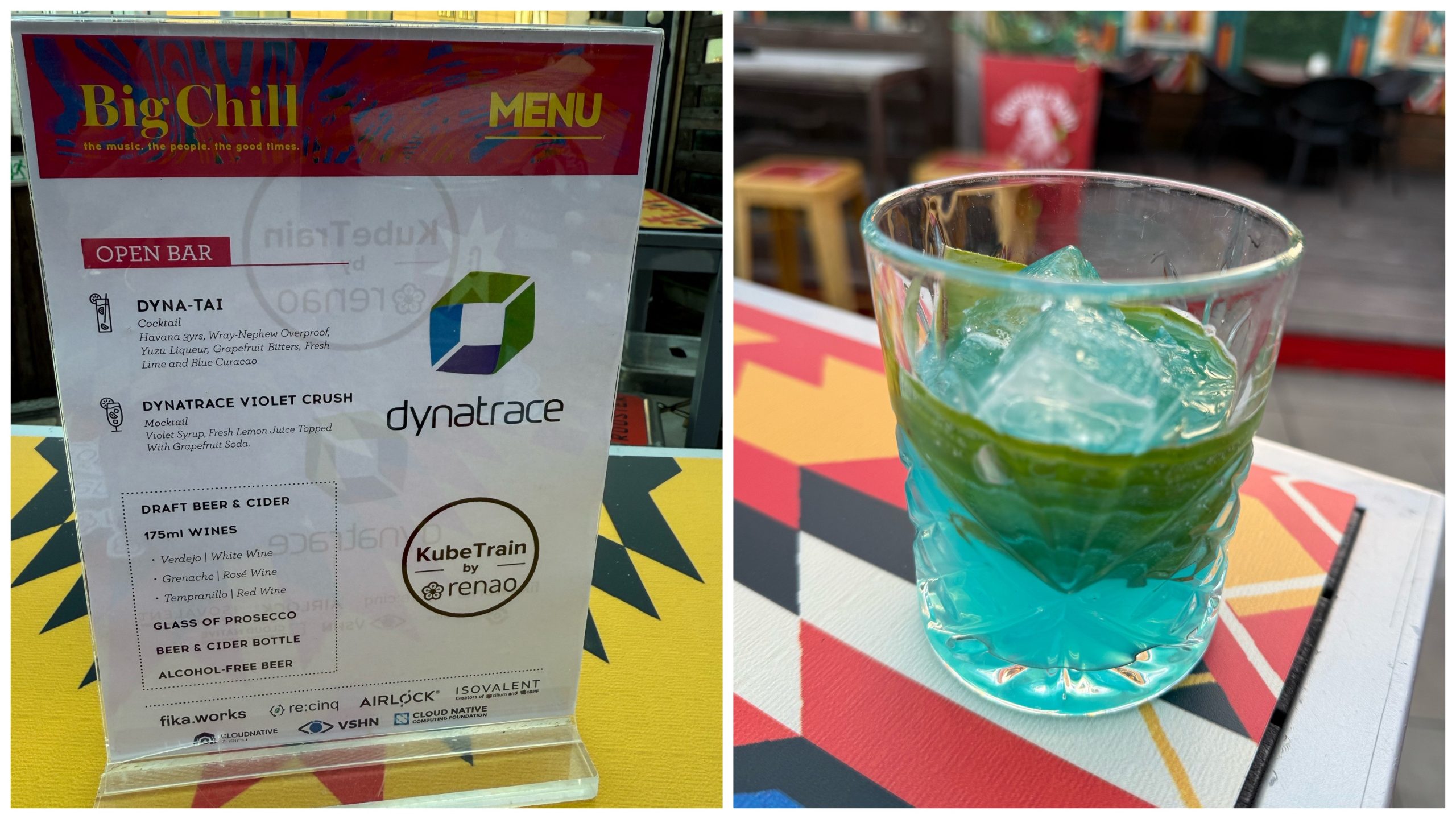 A picture collage showing the drink menu sponsored by Dynatrace and the Dyna-Tai cocktail