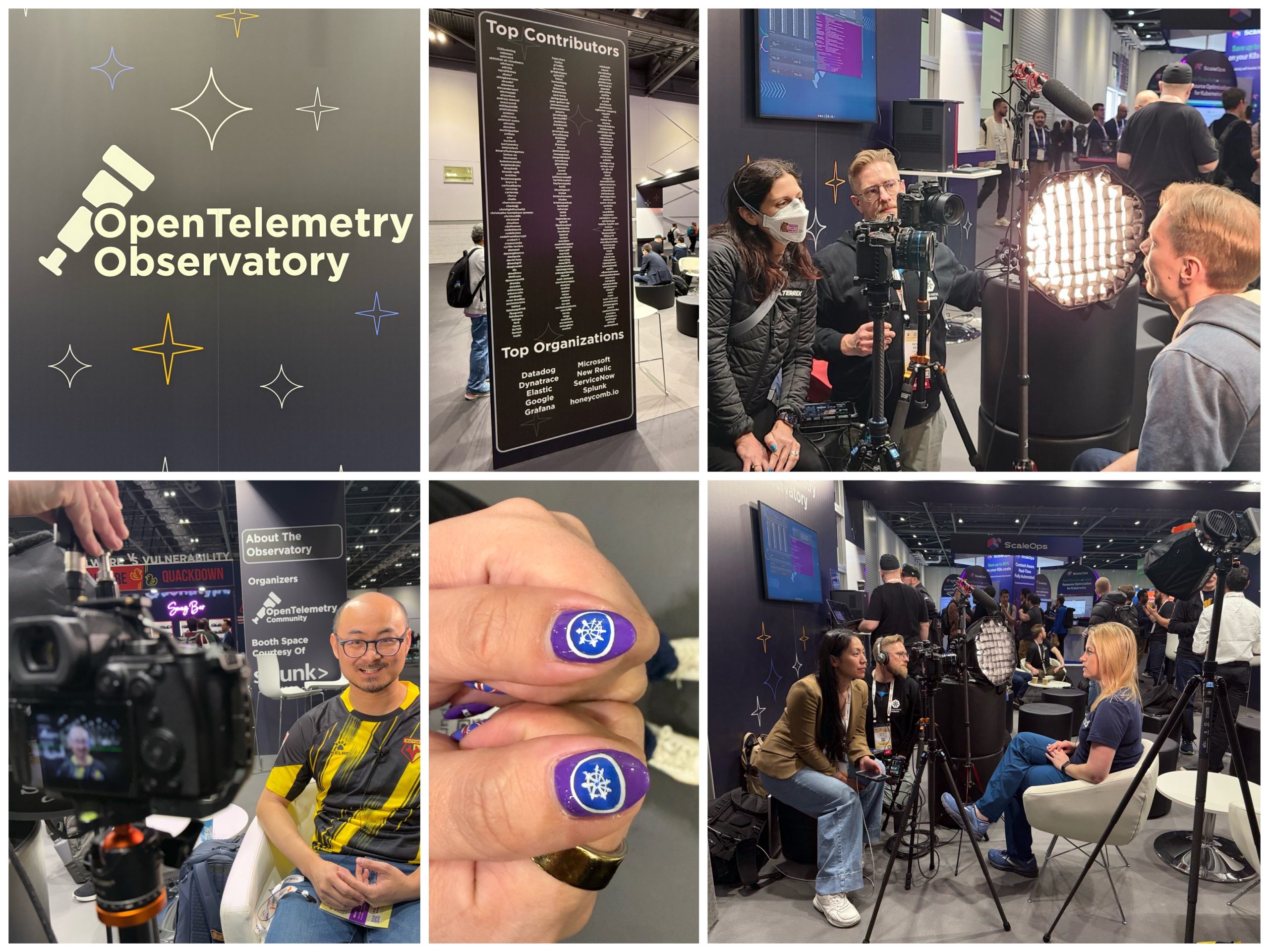 Collage of photos of the OpenTelemetry Observatory showing people talking in front of lights and cameras at KubeCon EU 2025