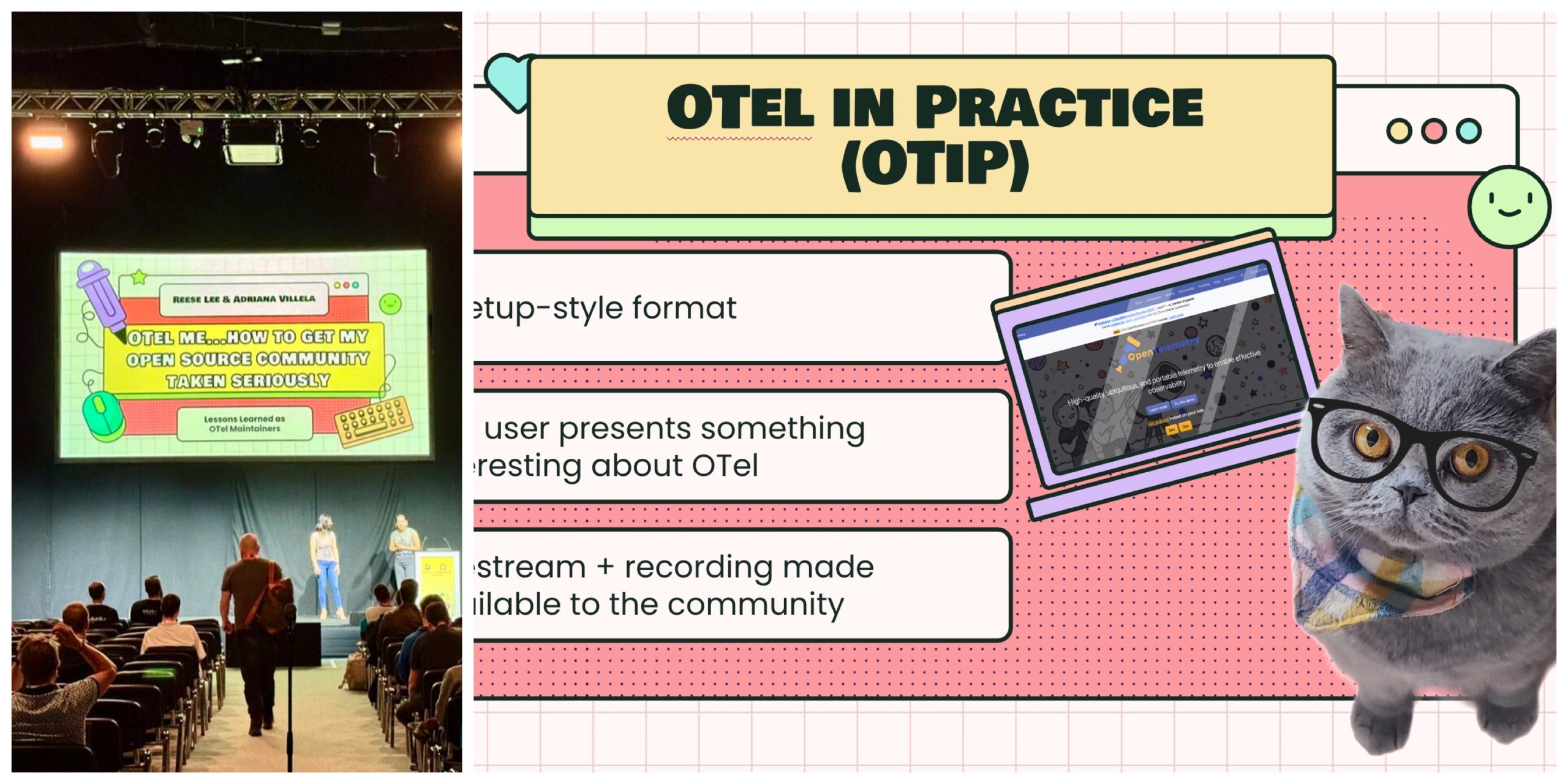 A collage of pictures showing Adriana Villela and Reese Lee presenting slides and Lee's adorable grey cat, Taco, looking up at users with big yellow eyes behind black-rimmed glasses