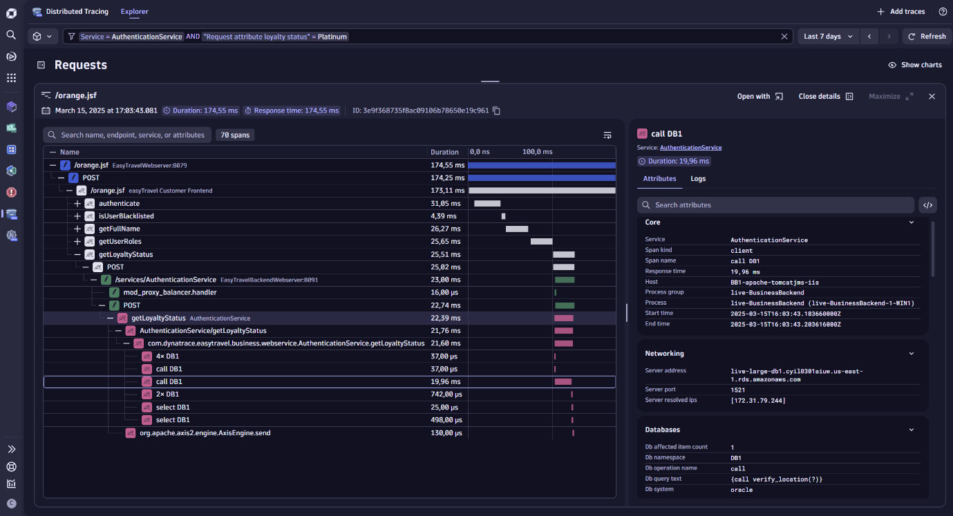 Distributed Tracing app screehshot showing a slow response time associated with a database call, indicating a service that needs improvement.