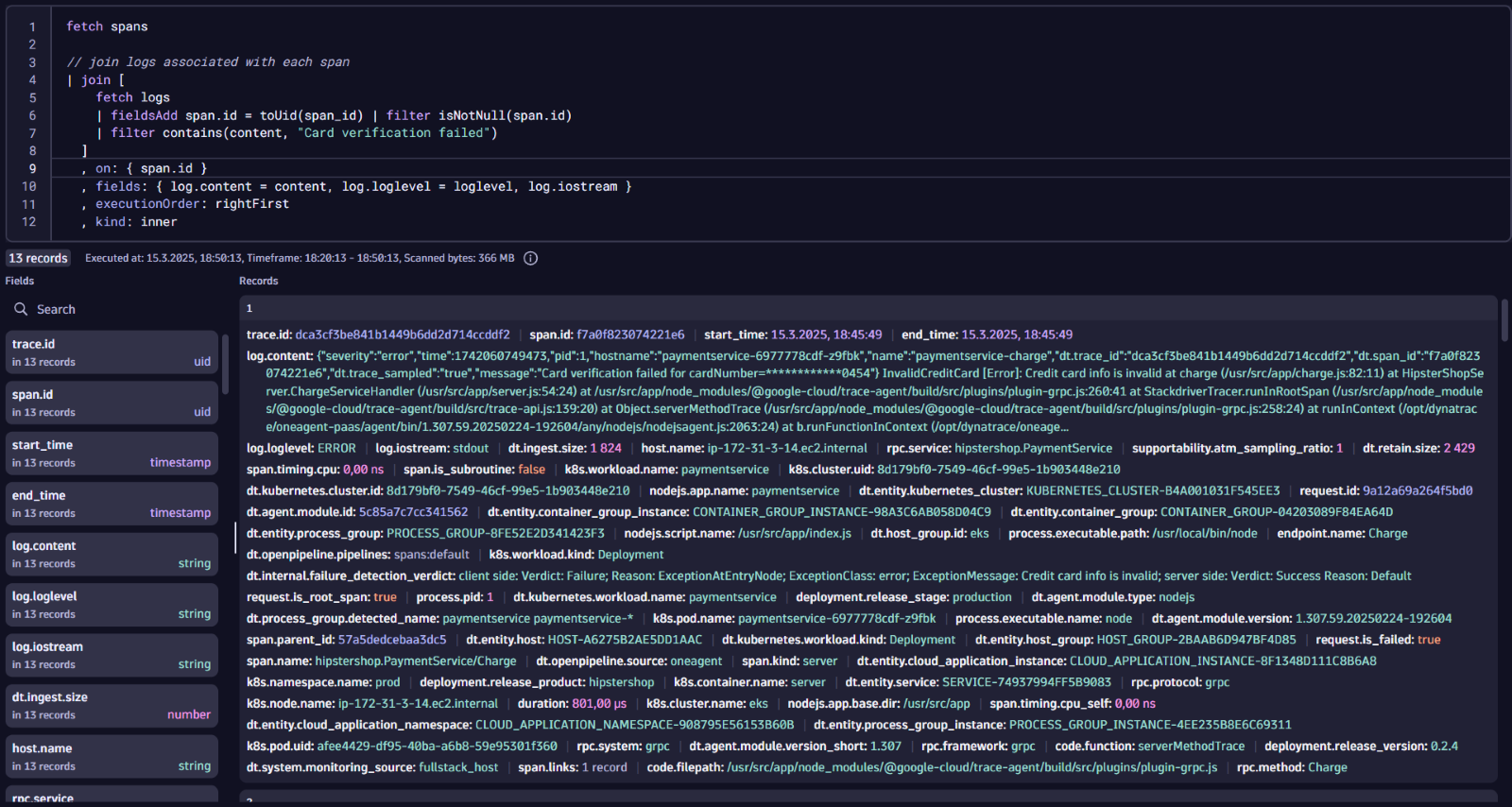 A DQL query that joins logs and their associated spans 