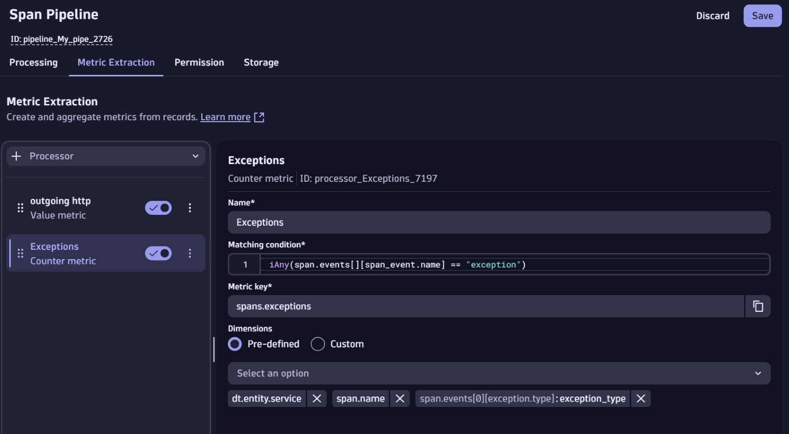 Span Pipeline screen that shows creating a metric to track a data signature