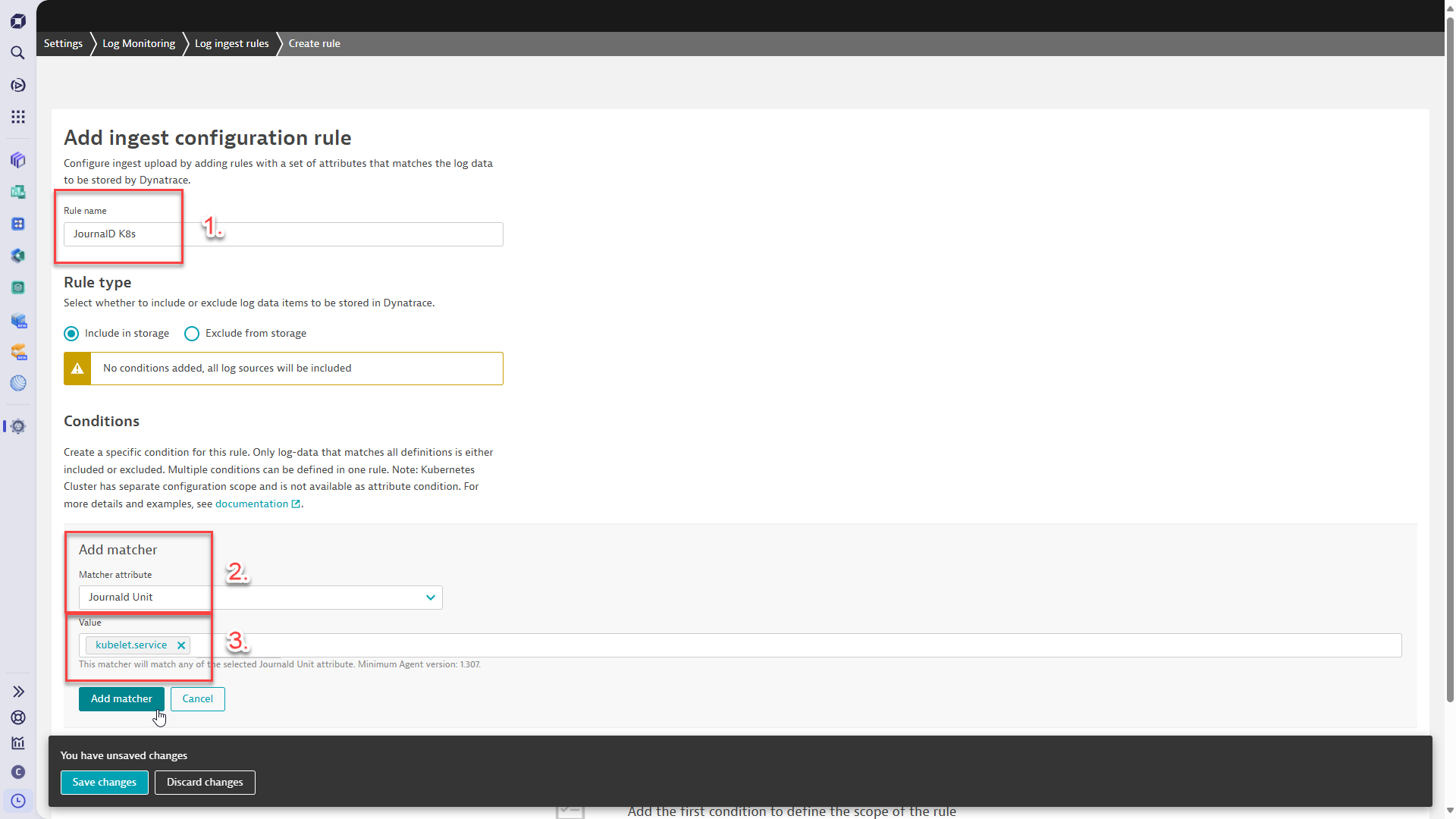 Figure 1. Log ingest rules allow you to configure specific Journald Units for log ingestion, like Kubernetes service logs, which are shown in the screenshot. When activating built-in rules instead, the Journald log detector will be utilized to automatically collect any log.