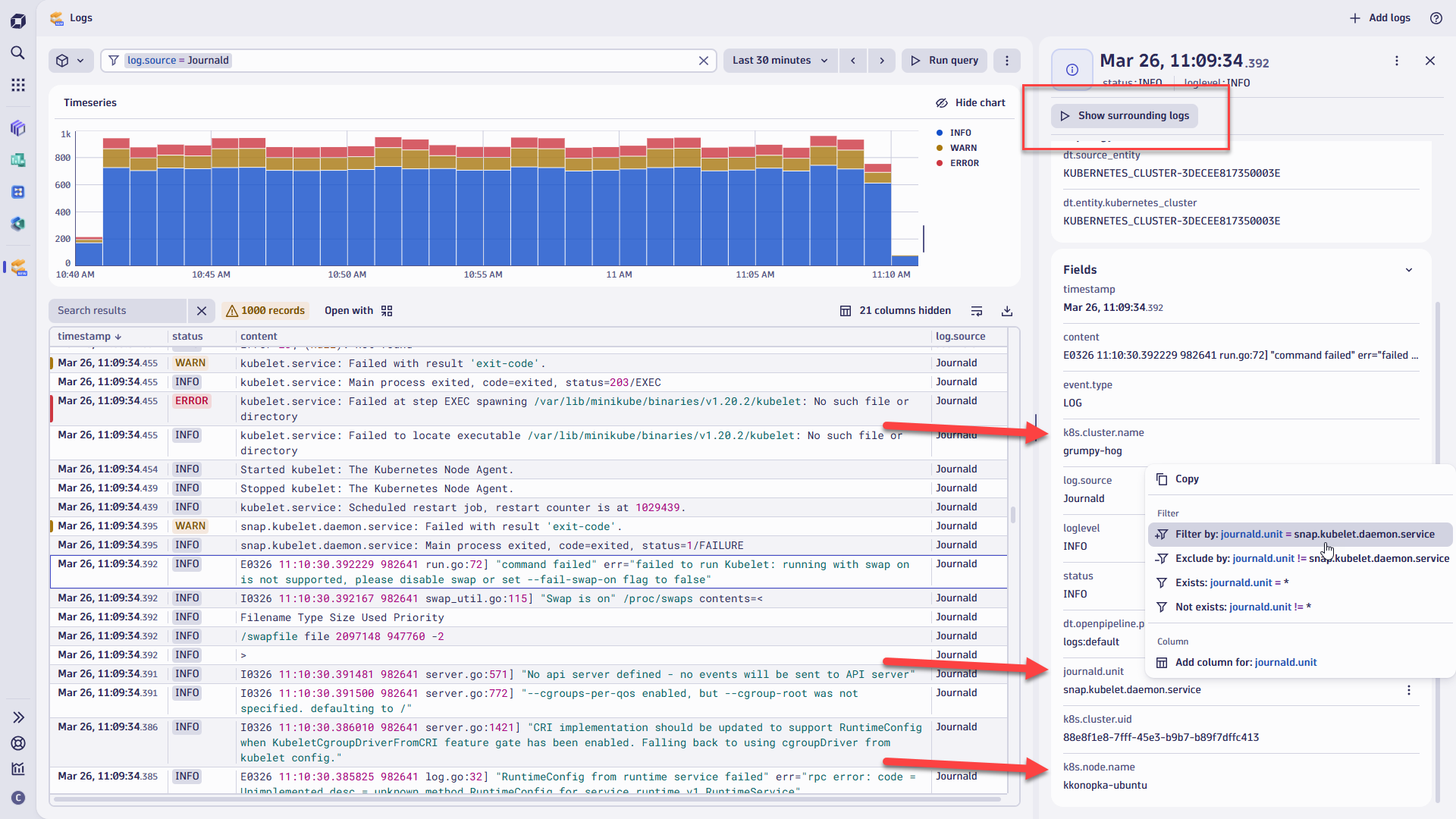 Figure 2. The Dynatrace Logs app allows you to explore logs with your entities set in context. The click-to-filter features allow you to swiftly drill down to view logs in the context of cost centers, products, custom tags, or, as in the example above, filtered to the Kubernetes daemon service.