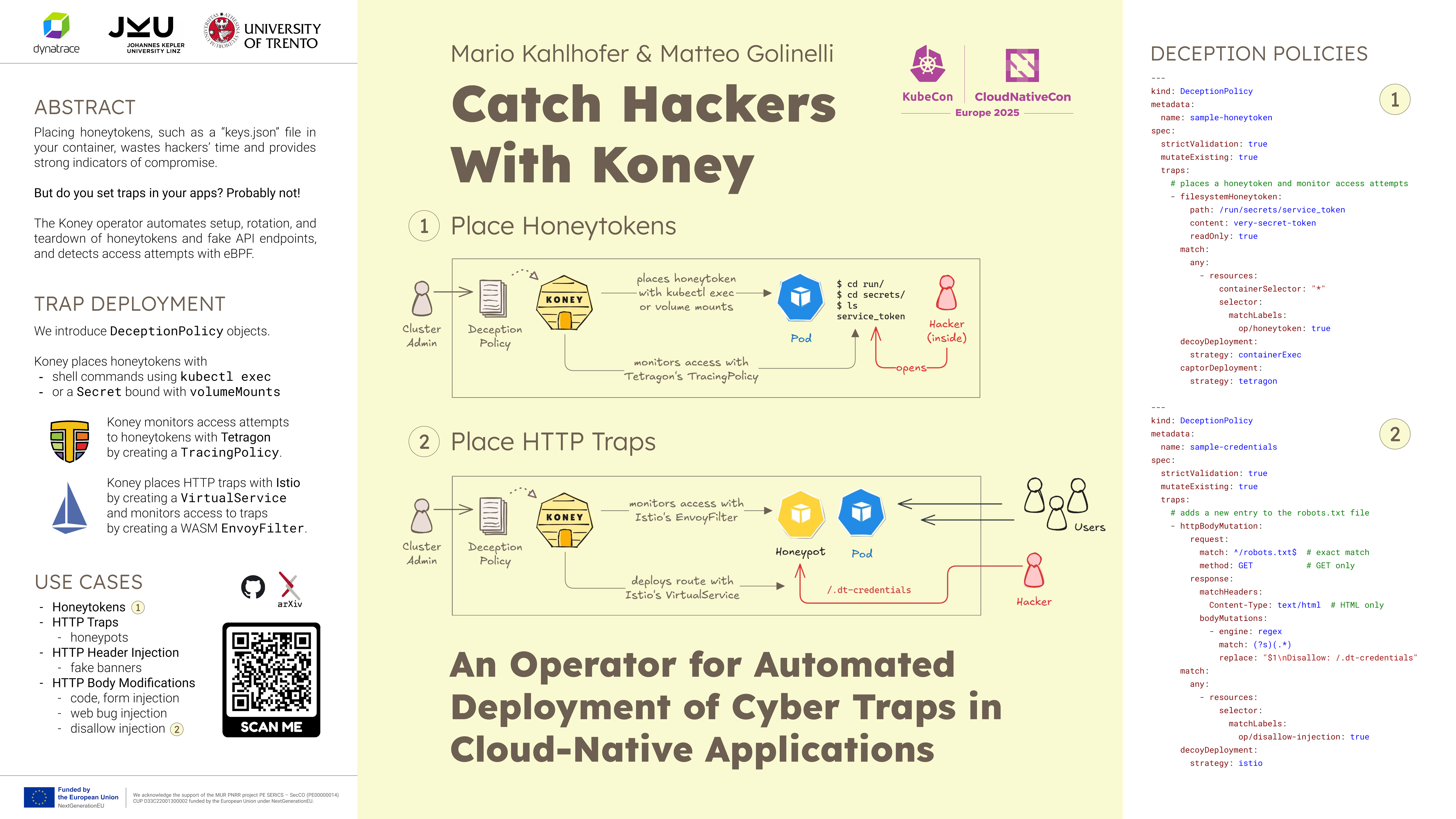 Poster of Catch Hackers with Koney poster showing the talk abstract, architecture diagram, and deception policies code samples for KubeCon EU