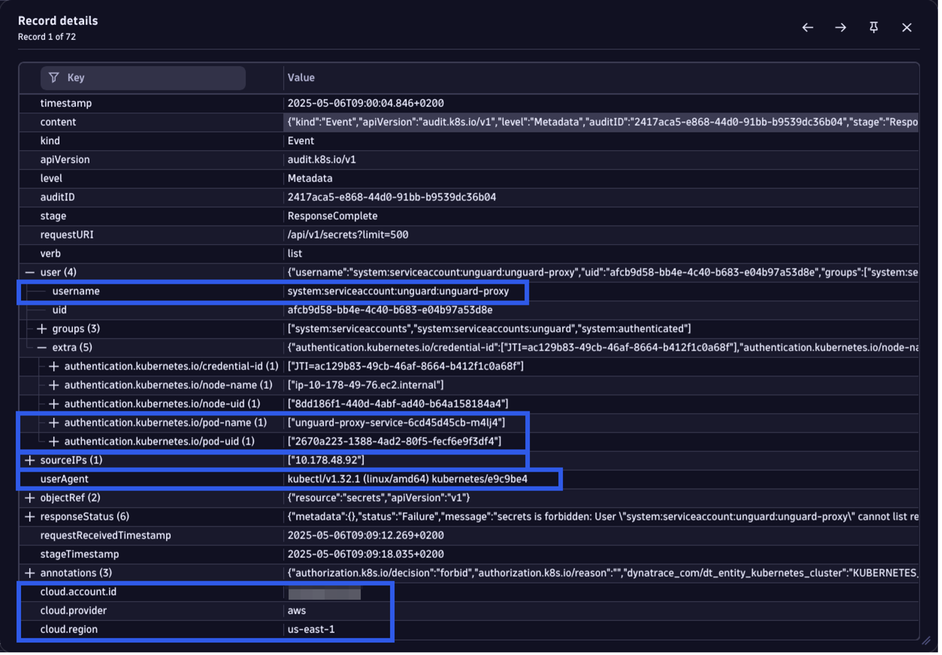 Threat detection query results
