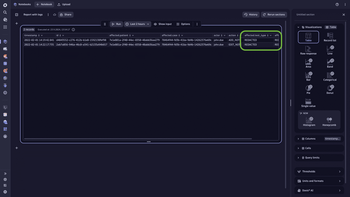 Notebook of healthcare diagnostics in Dynatrace screenshot