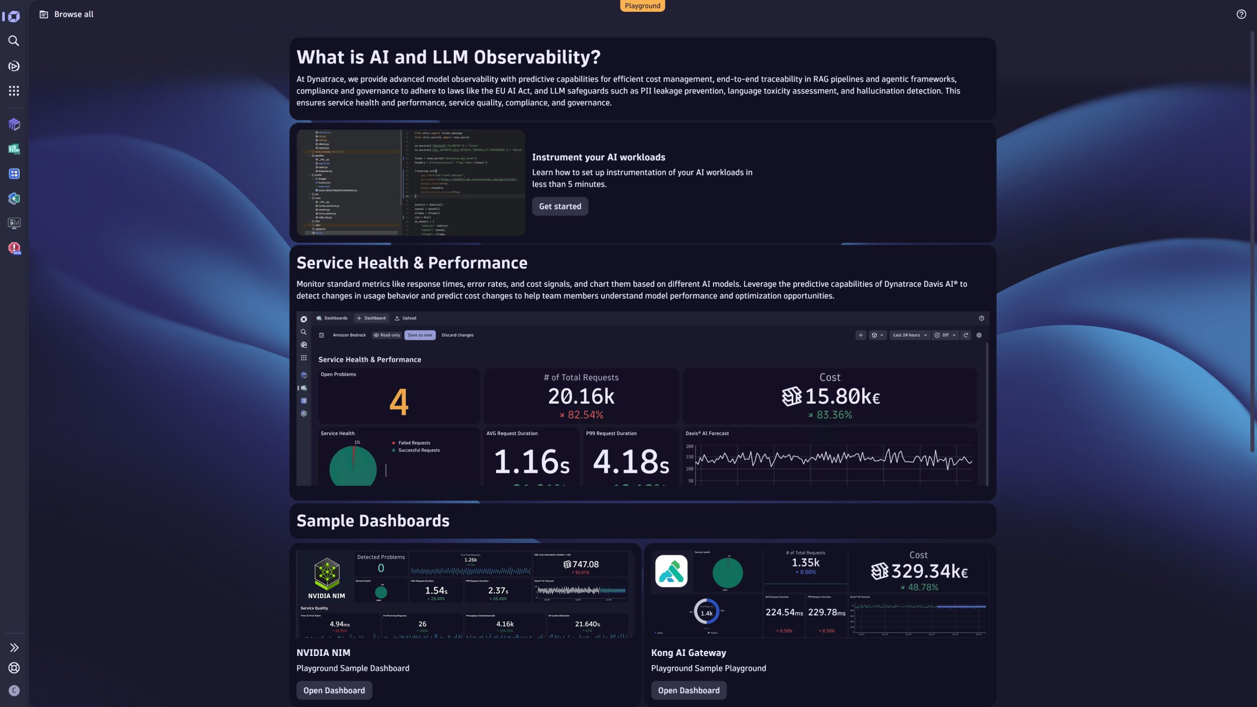 Figure 3. Dig deeper into the possibilities of AI and LLM observability on the Dynatrace Playground