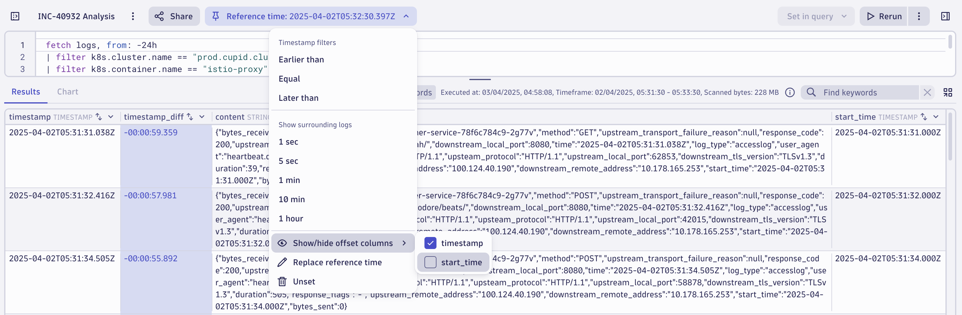 Selecting the time offset columns in the Security Investigator app.