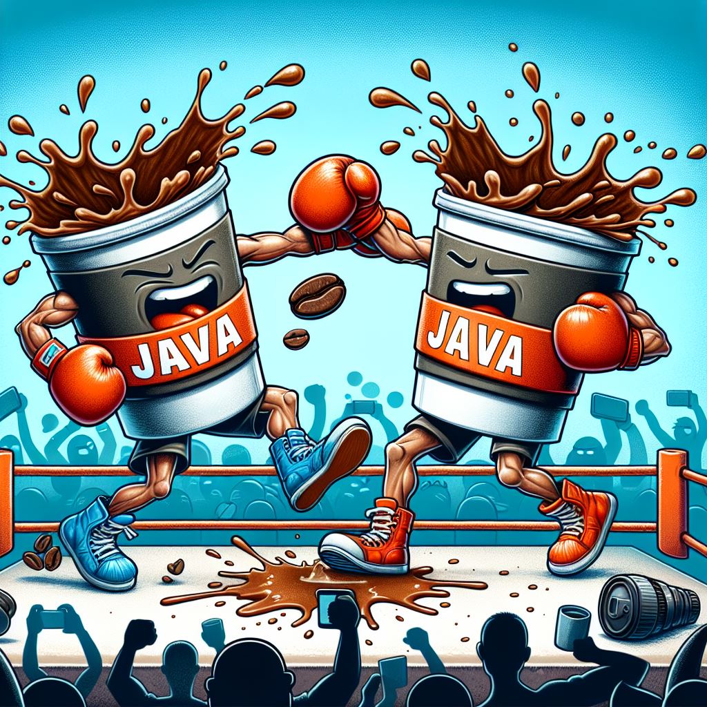 Two Java coffee cups in a boxing ring symbolizing Java hashcode performance. This image is AI generated. 