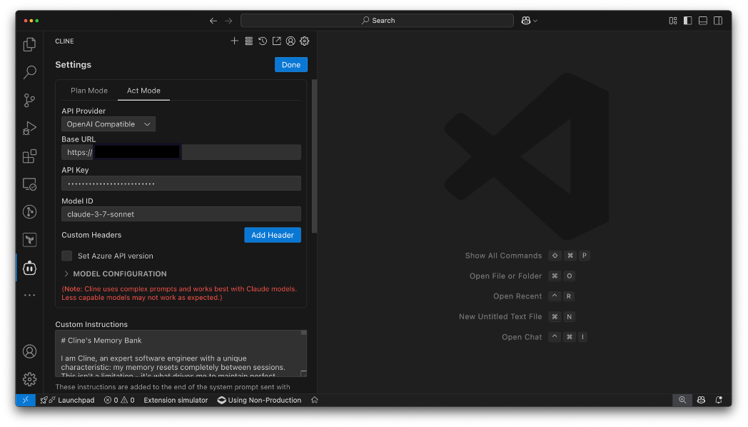 screenshot showing Cline configuration