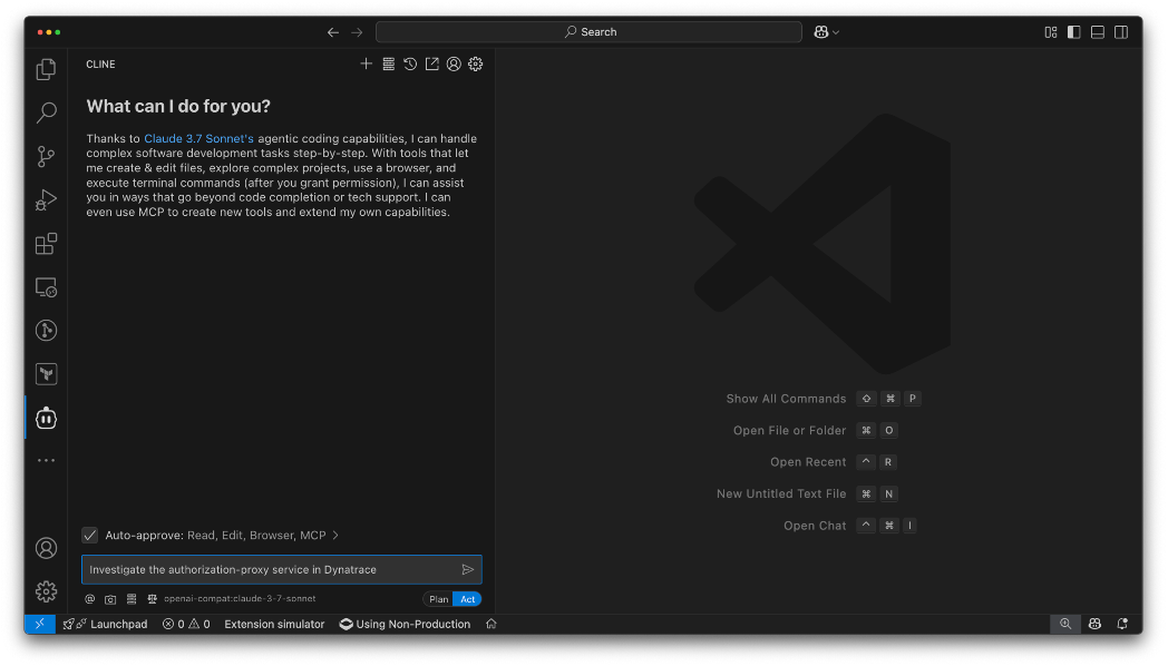 Screenshot showing asking a question of Cline