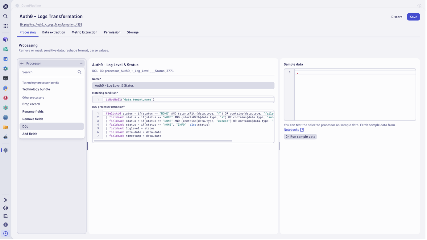Screenshot showing Dynatrace OpenPipeline with processing instructions expressed in Data Query Language (DQL) as part of Auth0 monitoring