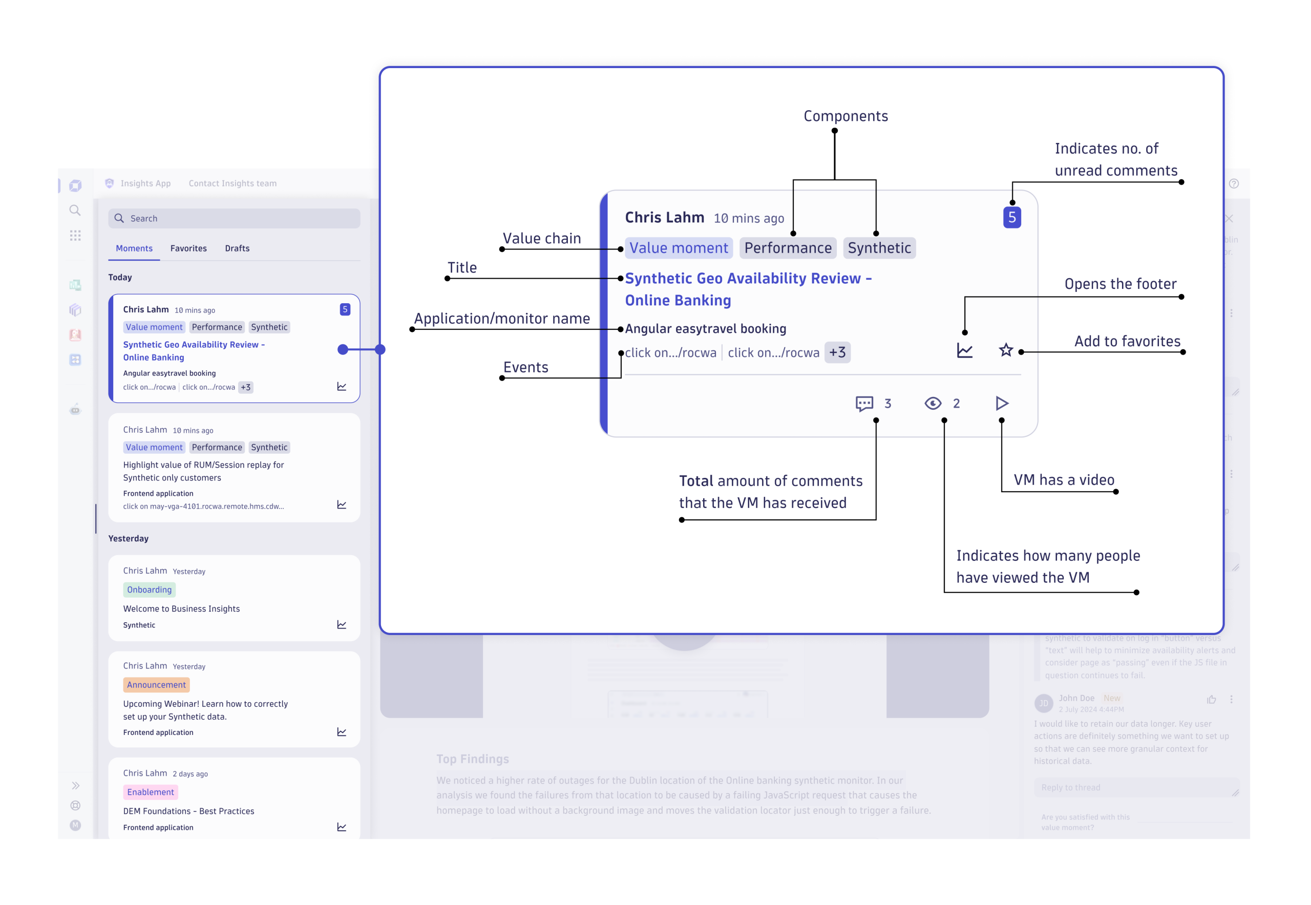 Each analysis value moment is tagged with helpful metadata, including type, product component, application/synthetic monitor name, and specific page or event details.