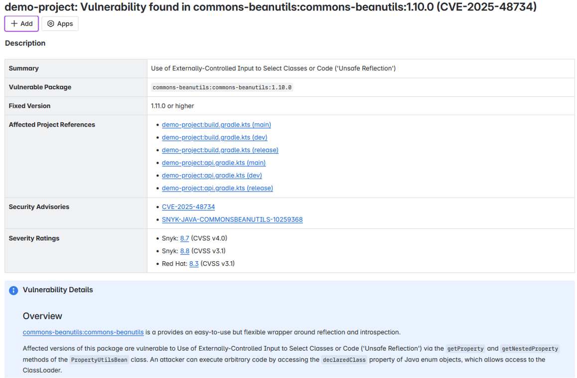 Example of a Snyk Finding Ticket