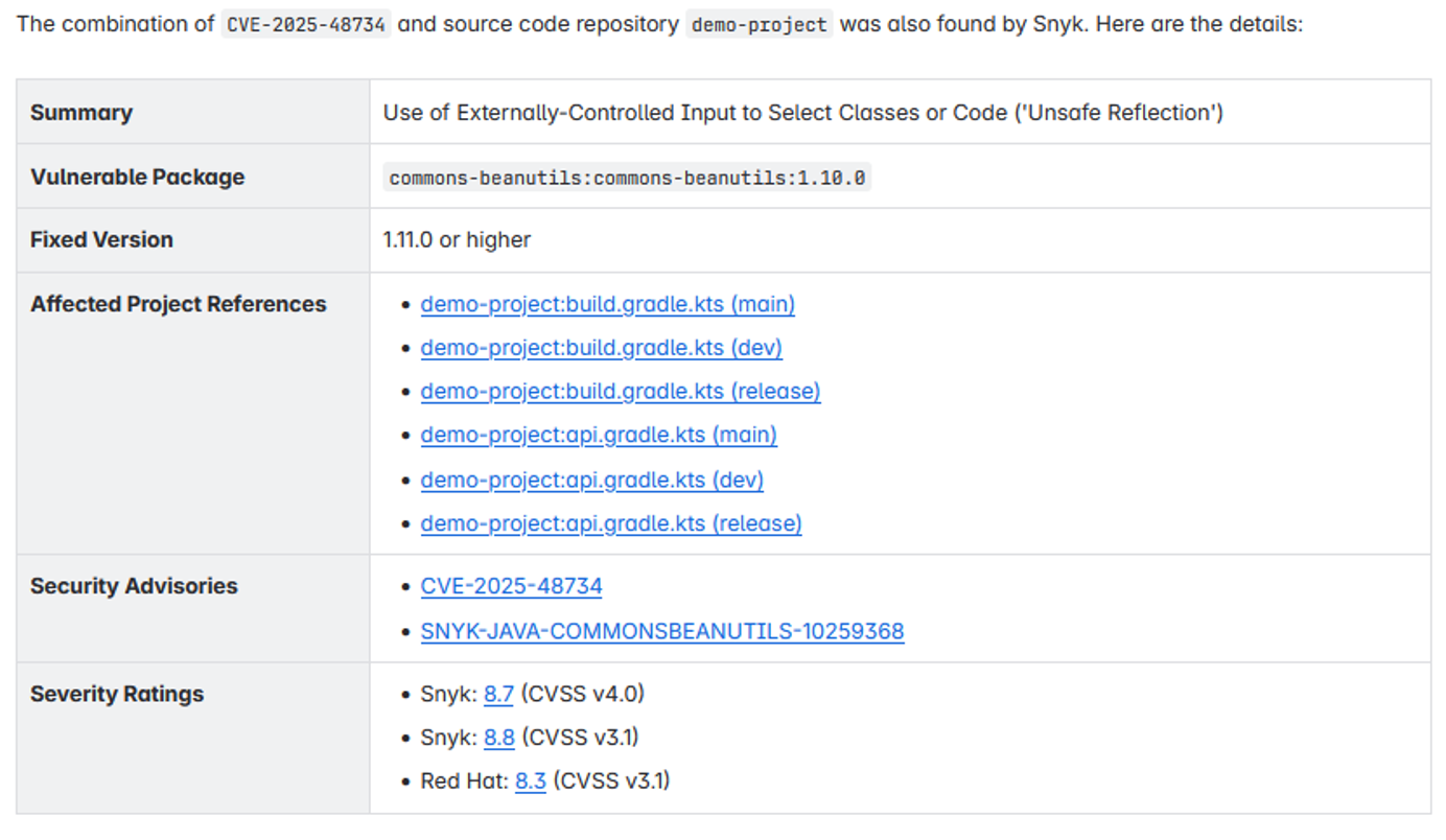 Comment on Dynatrace RVA Finding Tickets if also found with Snyk