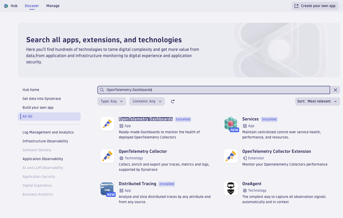 Figure 1. Install OpenTelemetry Dashboards from Dynatrace Hub