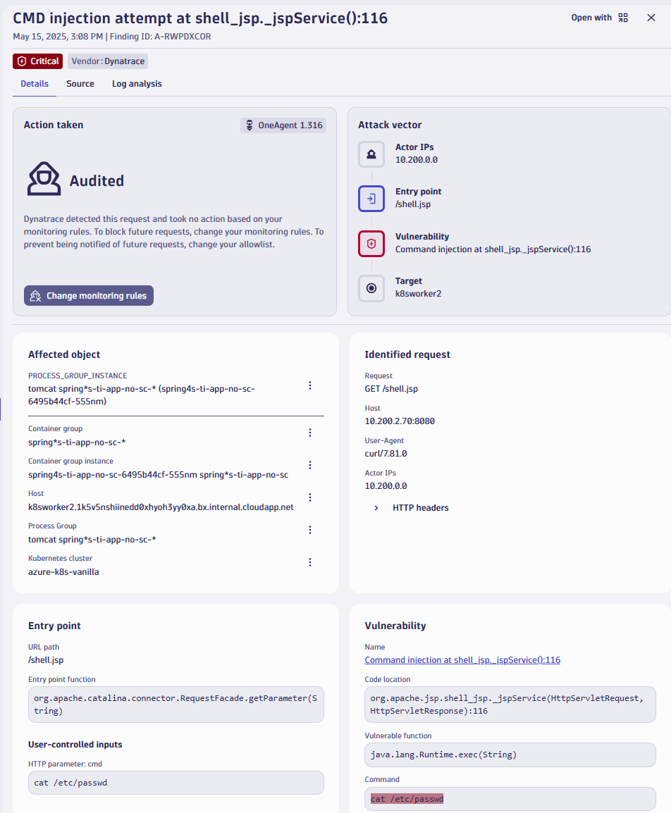 CMD injection info screenshot in Dynatrace