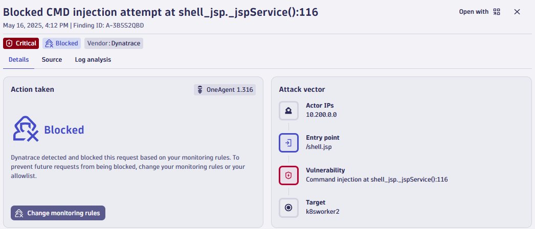 Blocked CMD injection info in Dynatrace screenshot