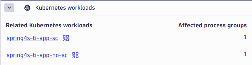 Kubernetes workloads list in Dynatrace screenshot