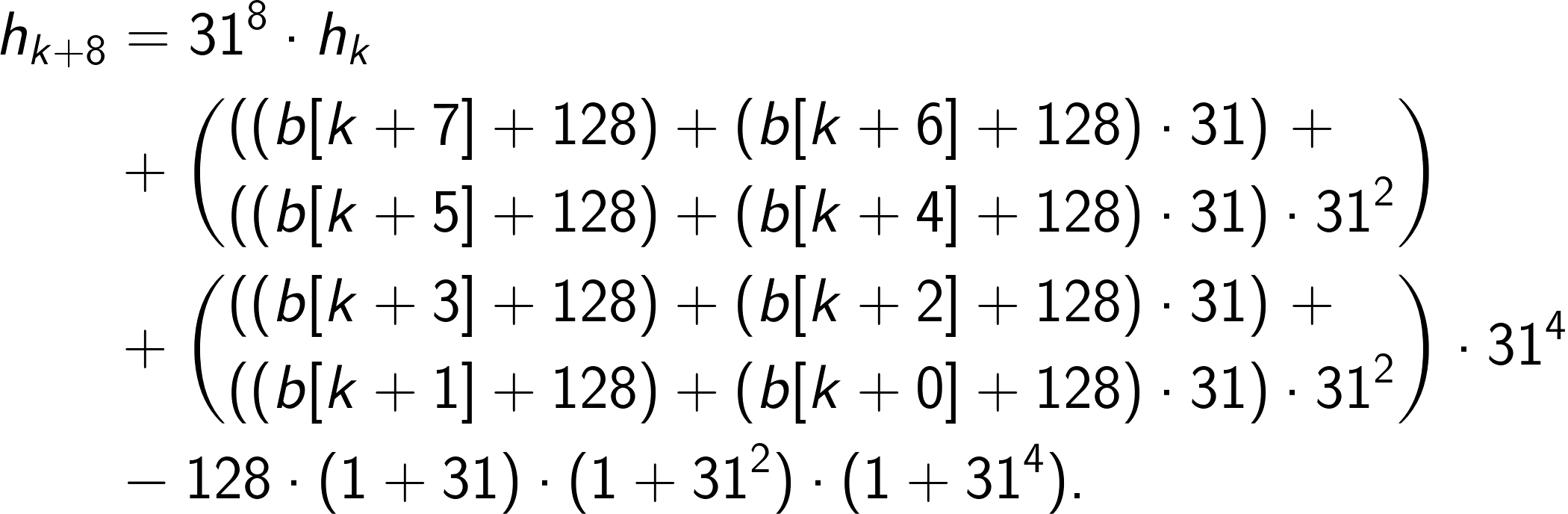 Equation that shows the SWAR approach to Arrays.hashCode(byte[]), Java hashing example