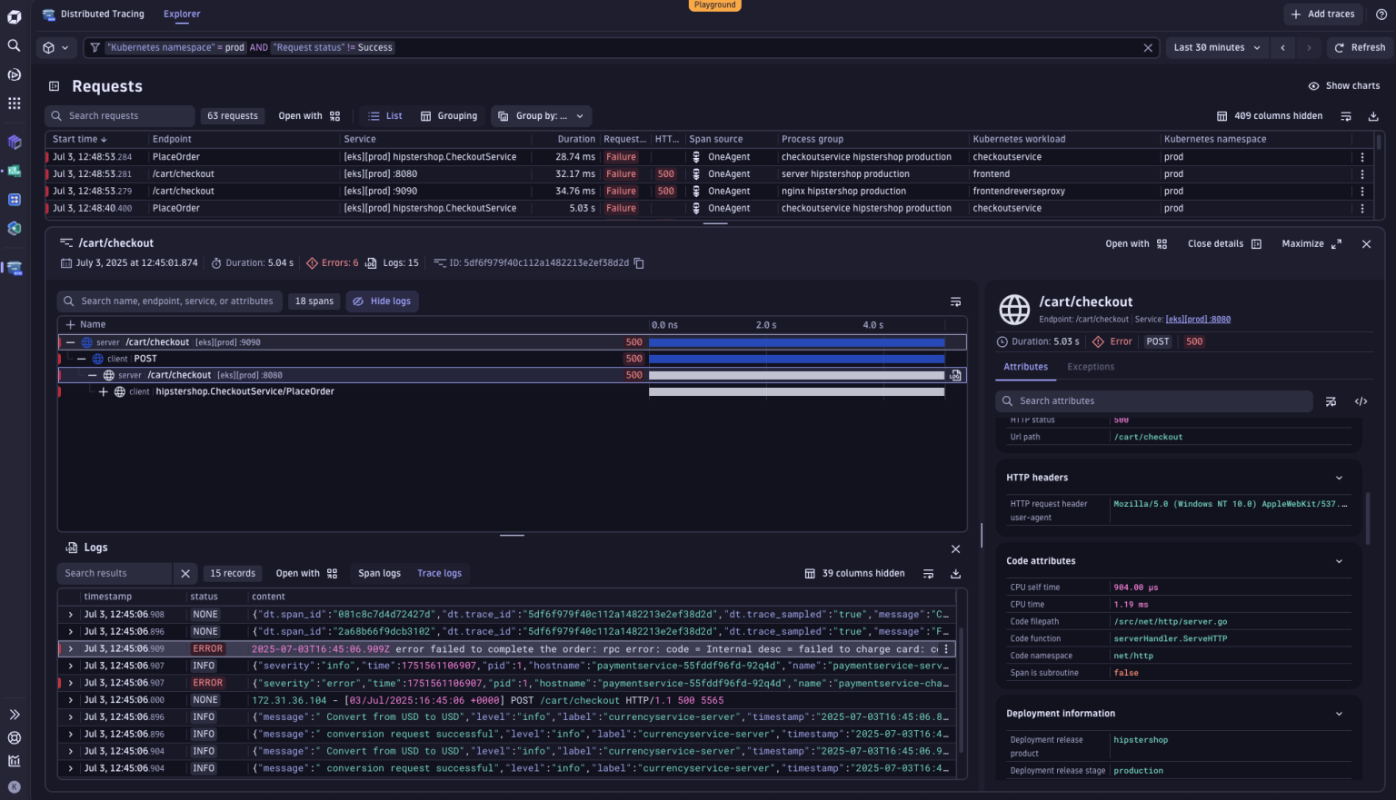Correlating logs and traces with full-stack observability