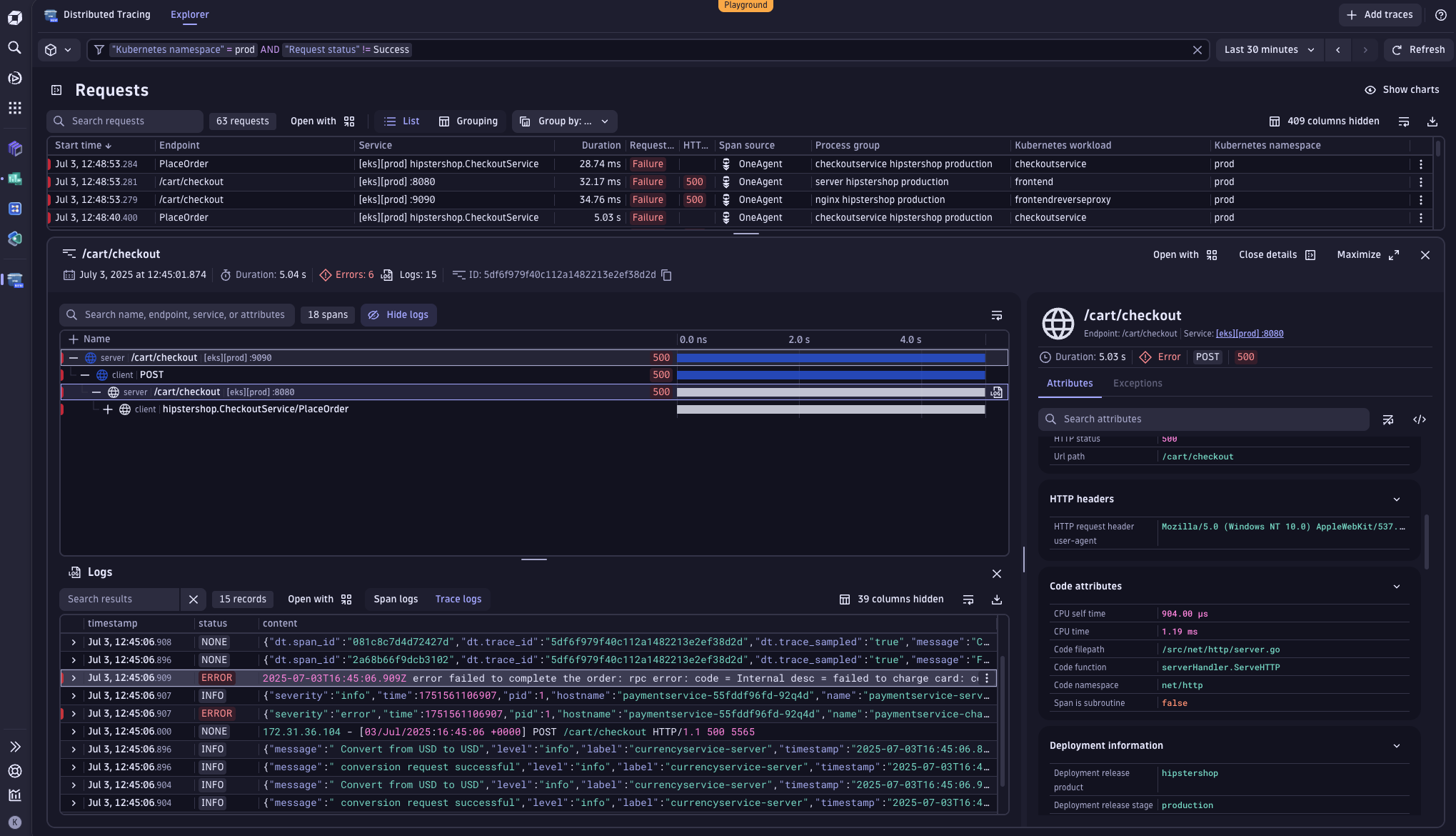 Distributed Tracing requests in Dynatrace screenshot